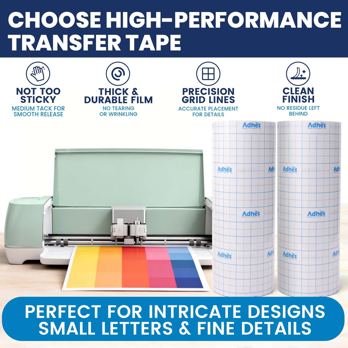 ADHES Premium Crystal Clear Transfer Tape for Vinyl with Grid, 12" x 100FT, No Stretch PET Transfer Paper Roll, Precision Application Tape for Cricut, Small Designs & Detailed Graphics