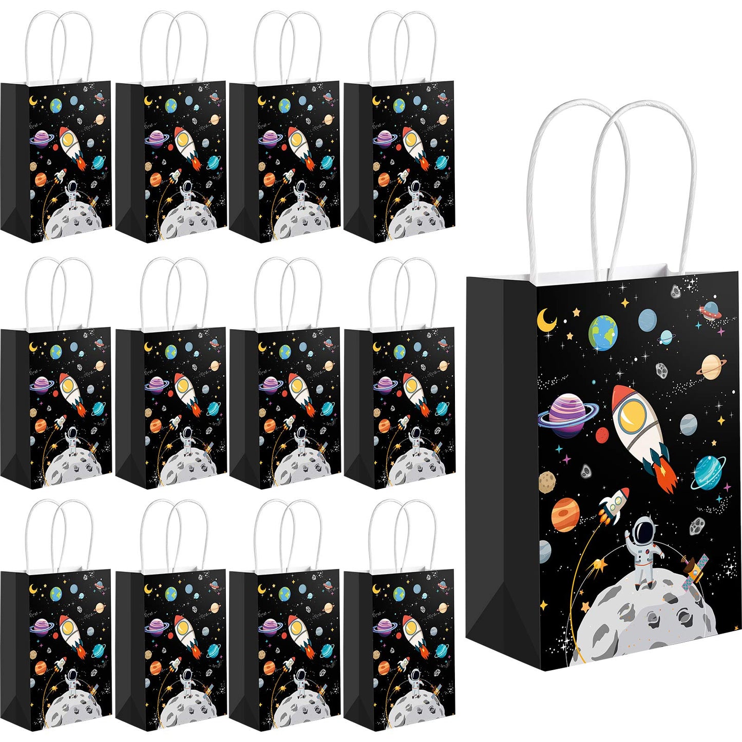 Outus 24 Pcs Outer Space Gift Bags Paper Space Treat Bags with Handles Planet Galaxy Party Favor for Birthday Galaxy Theme Party Supplies
