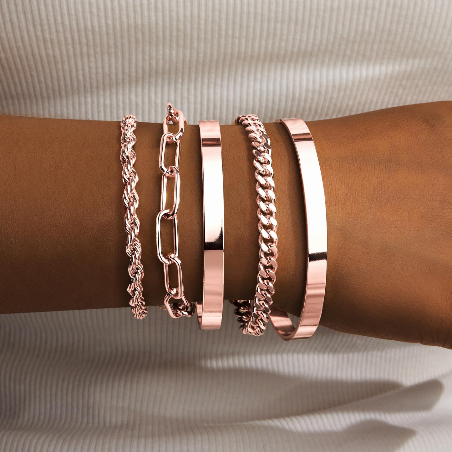 Gokeey Chunky Rose Gold Bracelets for Womenc Trendy, Rose Gold Cuff Bracelet Non Tarnish Rope Cable Paperclip Cuban Link Chain Bangle Bracelet Set Jewelry