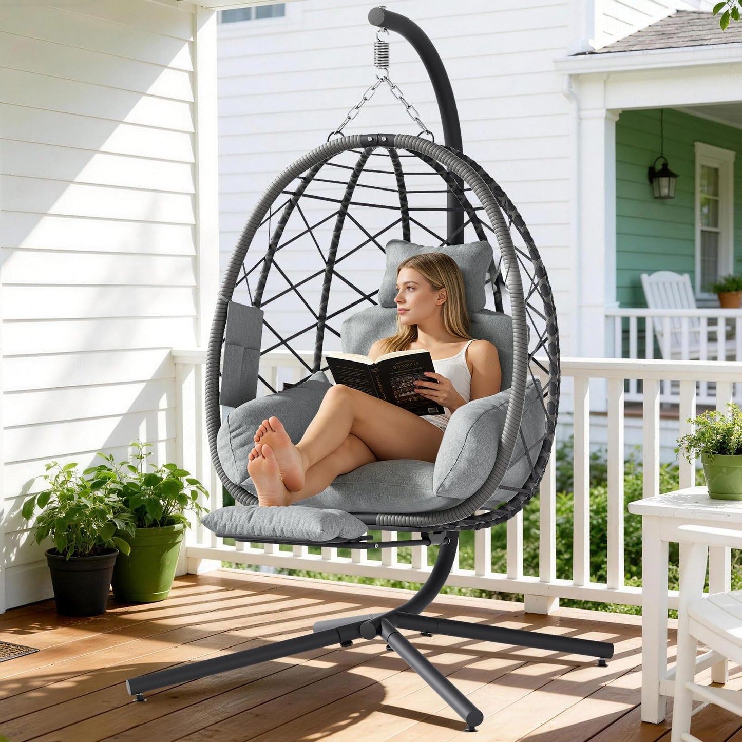 Suteck Hanging Egg Chair with Adjustable Footrest & Stand, Indoor Outdoor Wicker Egg Swing Chair with Cushion, 330lbs Capacity for Patio, Bedroom, Garden - Grey