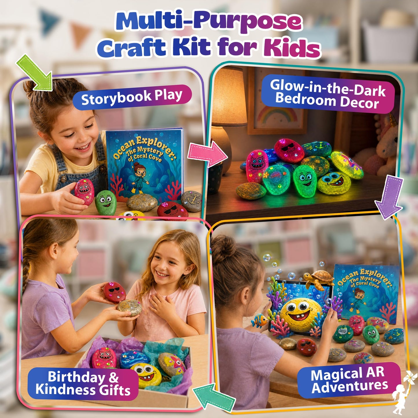Pinwheel Crafts Glow in the Dark Rock Painting Kit with Interactive AR Storybook – 128pc Arts & Crafts Set for Kids – Augmented Reality Educational Toy for Boys & Girls Ages 6-12