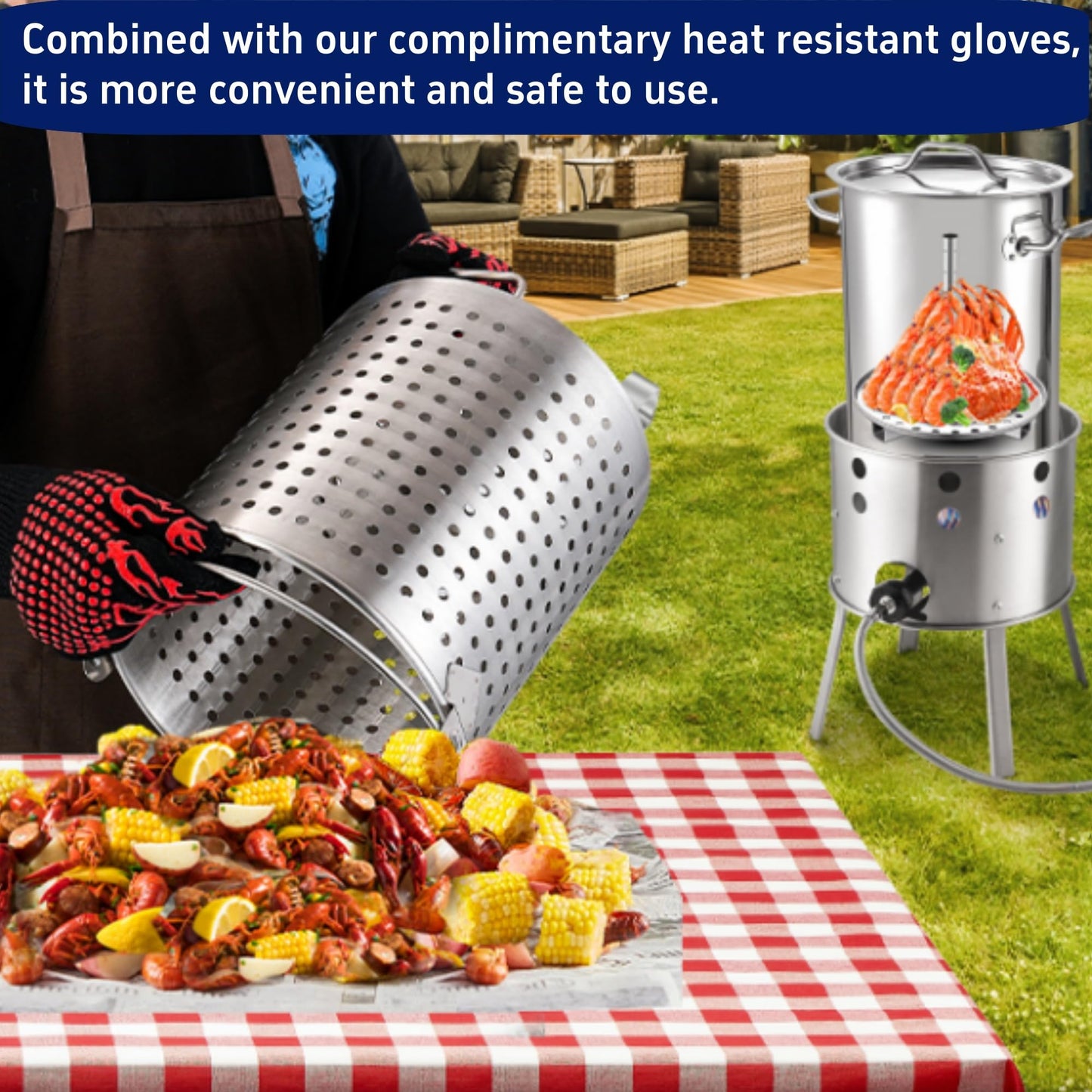 ARC 32QT Stainless Steel Turkey Fryer Kit With Burner, Seafood Boil Pot And Burner With Basket,Crawfish Boil Tamale Steamer Crab Boil Pot With Injector Thermometer, High Temperature Resistant Gloves