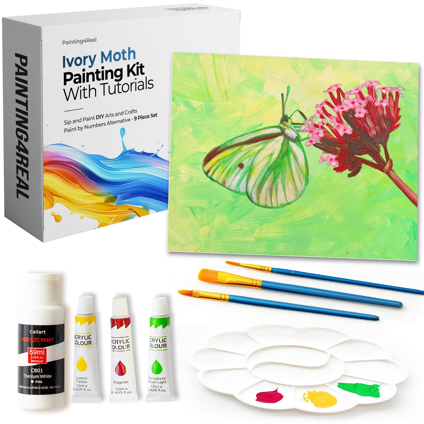 Painting4Real DIY Painting Class Kits for Adults with Video Tutorials, Learn to Paint Moth, How to Paint with Acrylic Paint Sets for Adult, 9 Peices Art Set & Painting Supplies Gifts for Mom