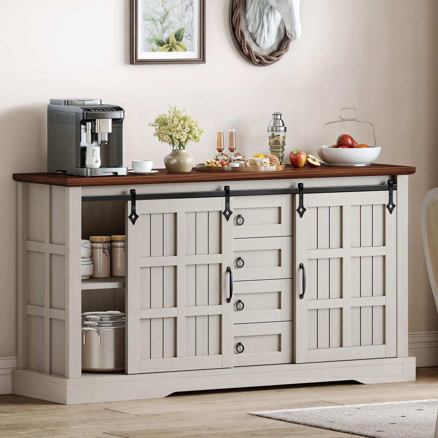 DWVO 59" Sideboard Buffet Cabinet with Storage, Kitchen Storage Cabinet with Sliding Barn Doors and 4 Drawers for Living Room/Kitchen, White Oak