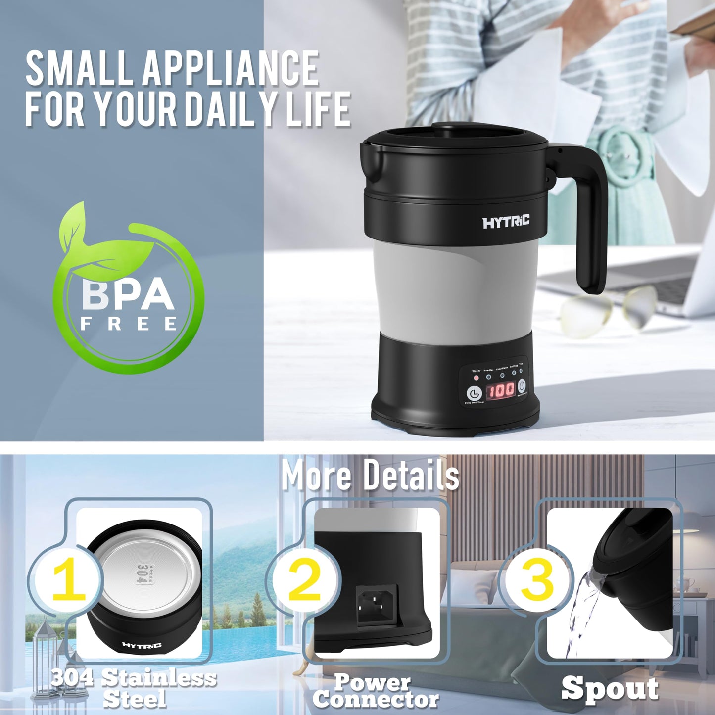 HYTRIC Travel Electric Kettle, 700ML Foldable Small Electric Kettle BPA-Free, Portable Kettle with Multifunctional Panel, Collapsible Hot Water Kettle with Keep Warm & Delay Start, 110V Black