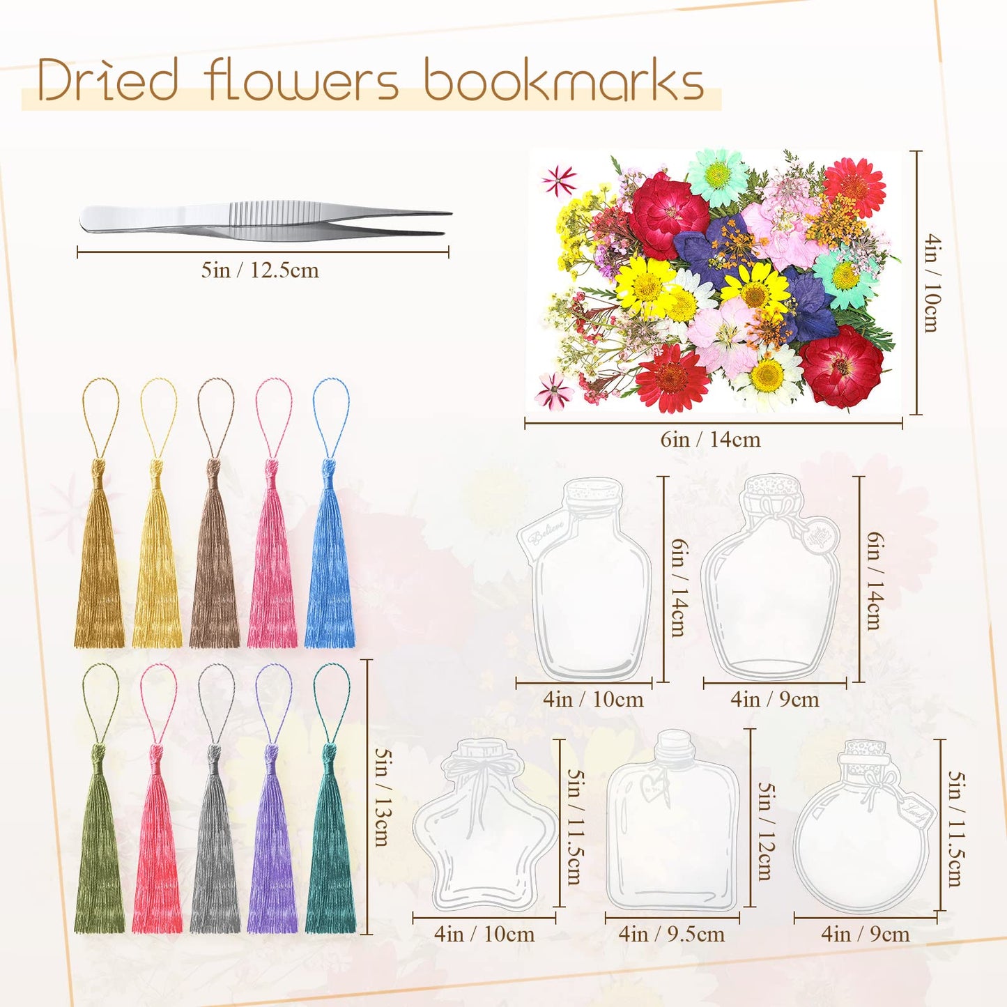 TaoBary 91 Pcs DIY Handmade Transparent Dried Flower Bookmark Set Include Butterflies Clear Bookmarks Dried Flowers Colorful Tassels and Tweezer for Book Bottle Supplies(Classic Color)