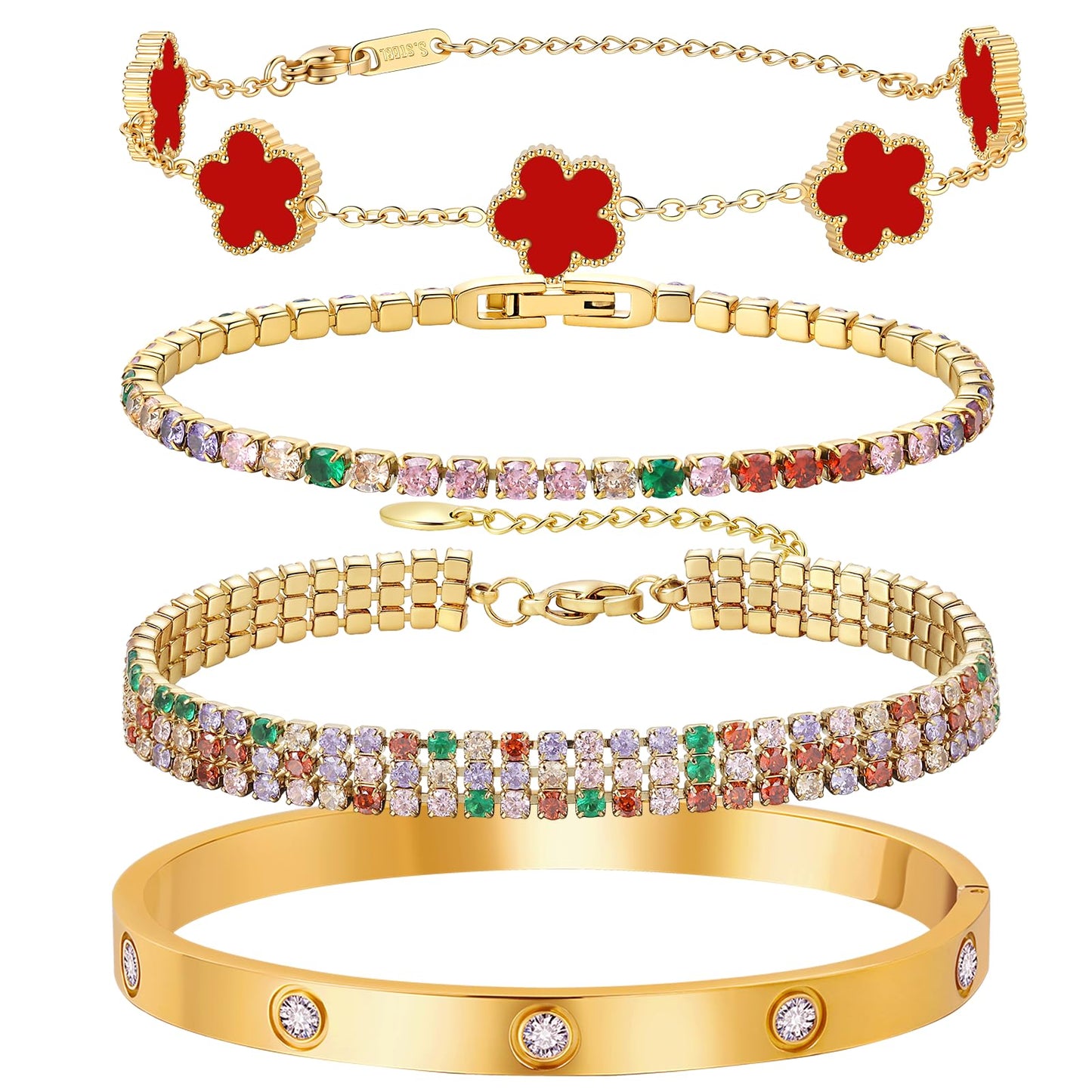 MVCOLEDY 18 K Gold Plated Love Bracelet Stack for Women 4-Piece Bracelet Shell Floral Clover Chain, Tennis Chain and Crystal Gold Bangle, Love Bracelet Design Gift Jewelry for Valentines Day