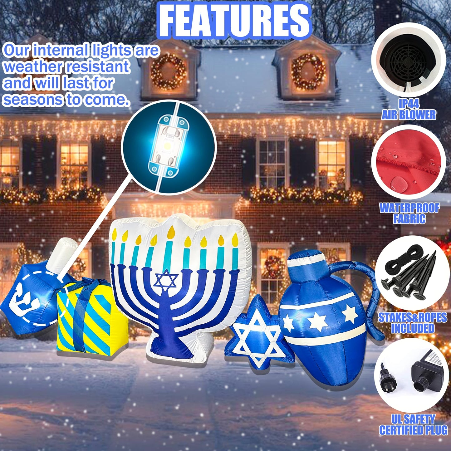 BLOWOUT FUN 8FT Hanukkah Inflatables Menorah Dreidel Gift Box Star Combo Built-in LED Lights Chanukkah Inflatable Decor Hanukkah Blow Up Decorations Outdoor Indoor Yard Garden Lawn Home Party