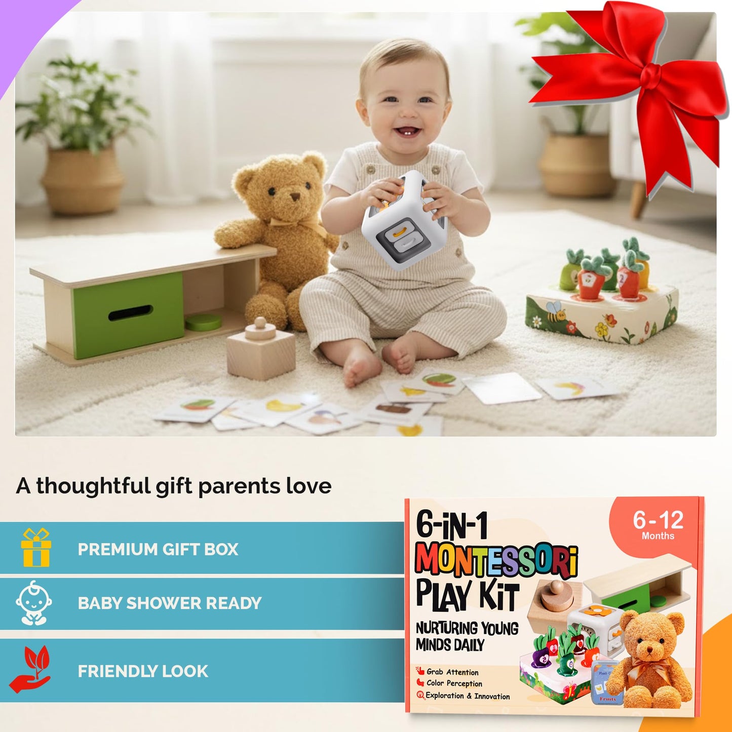 SmileyBubs Montessori Baby Toys 6-12 Months, Montessori Toys for 1 Year Old, Baby Sensory Toys for 6-12 Month Infants - A Sliding Box, Puzzle, Switchboard, Pulling Carrots, Doll, Fruit Flash Cards