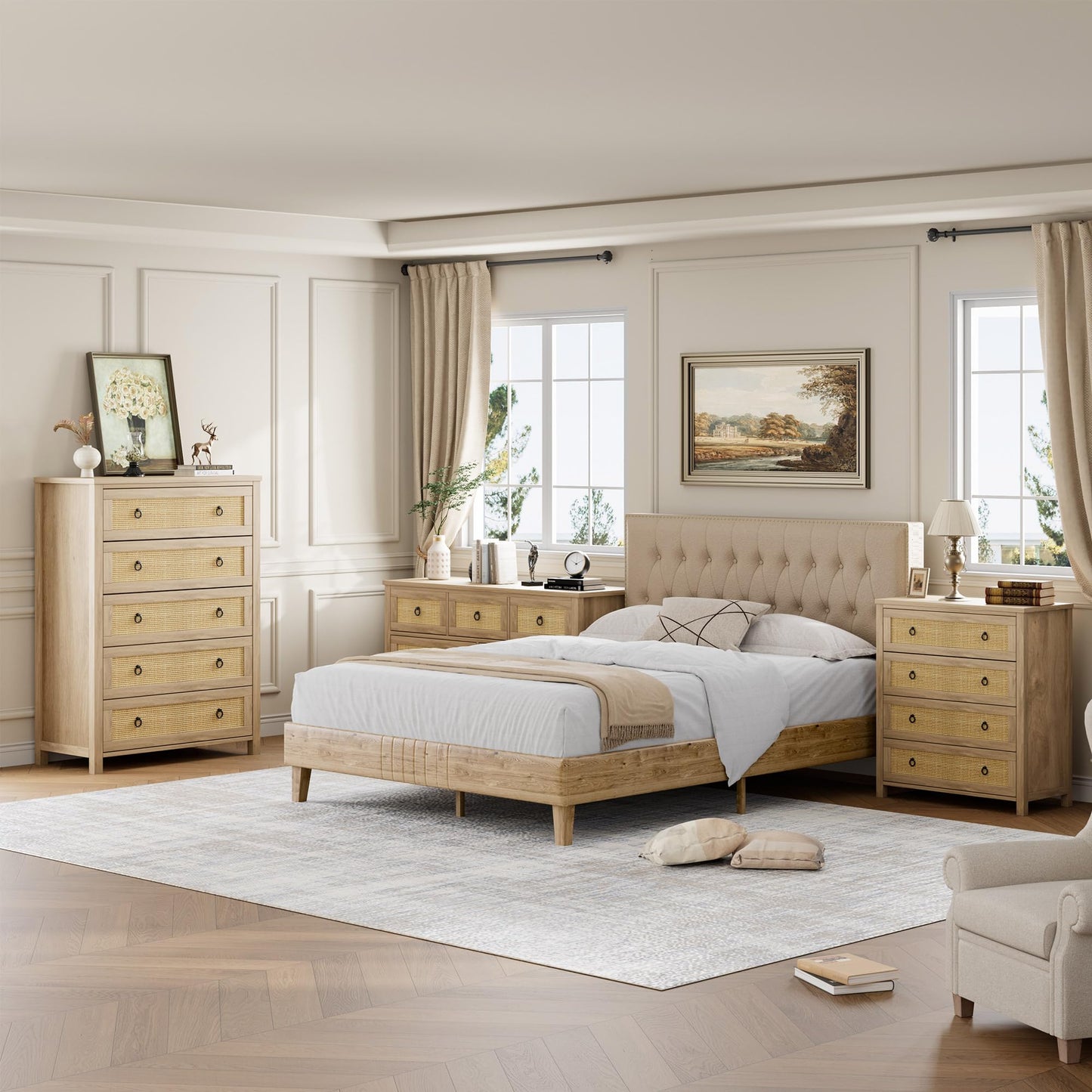 IDEALHOUSE Rattan Dresser for Bedroom with 5 Drawers, 45'' Tall Chest of Large Drawers with Large Clothes Storage Cabinet, Wood Bedroom Dresser, TV Stand for Nursery, Living Room, Enterway