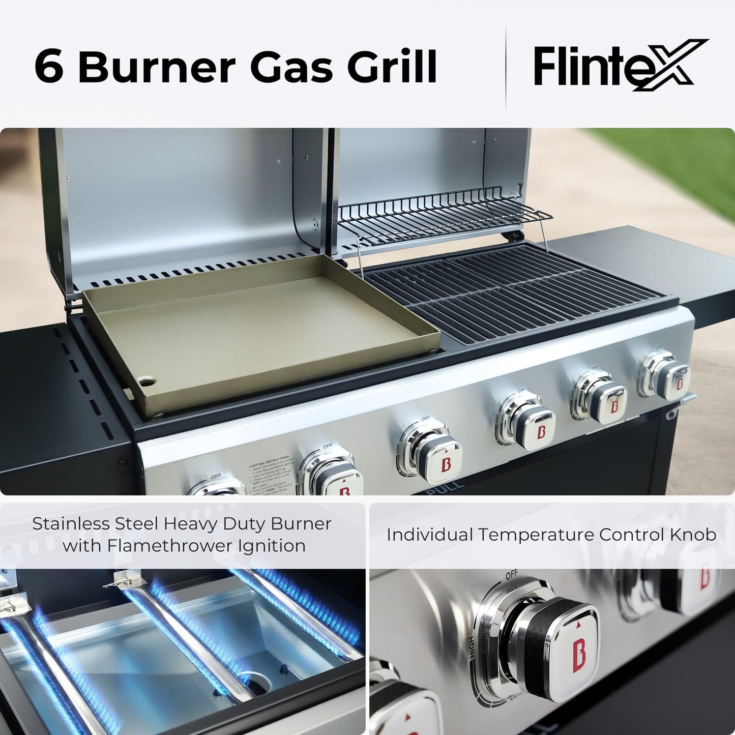 Flintex 6 Burner Propane Gas Grill Griddle Combo with Porcelain-Enameled Cast Iron Grates & Cast Iron Pan, Dual Outdoor BBQ Grill With Flat Top Griddle for Backyard Barbecue, 610 sq.in.