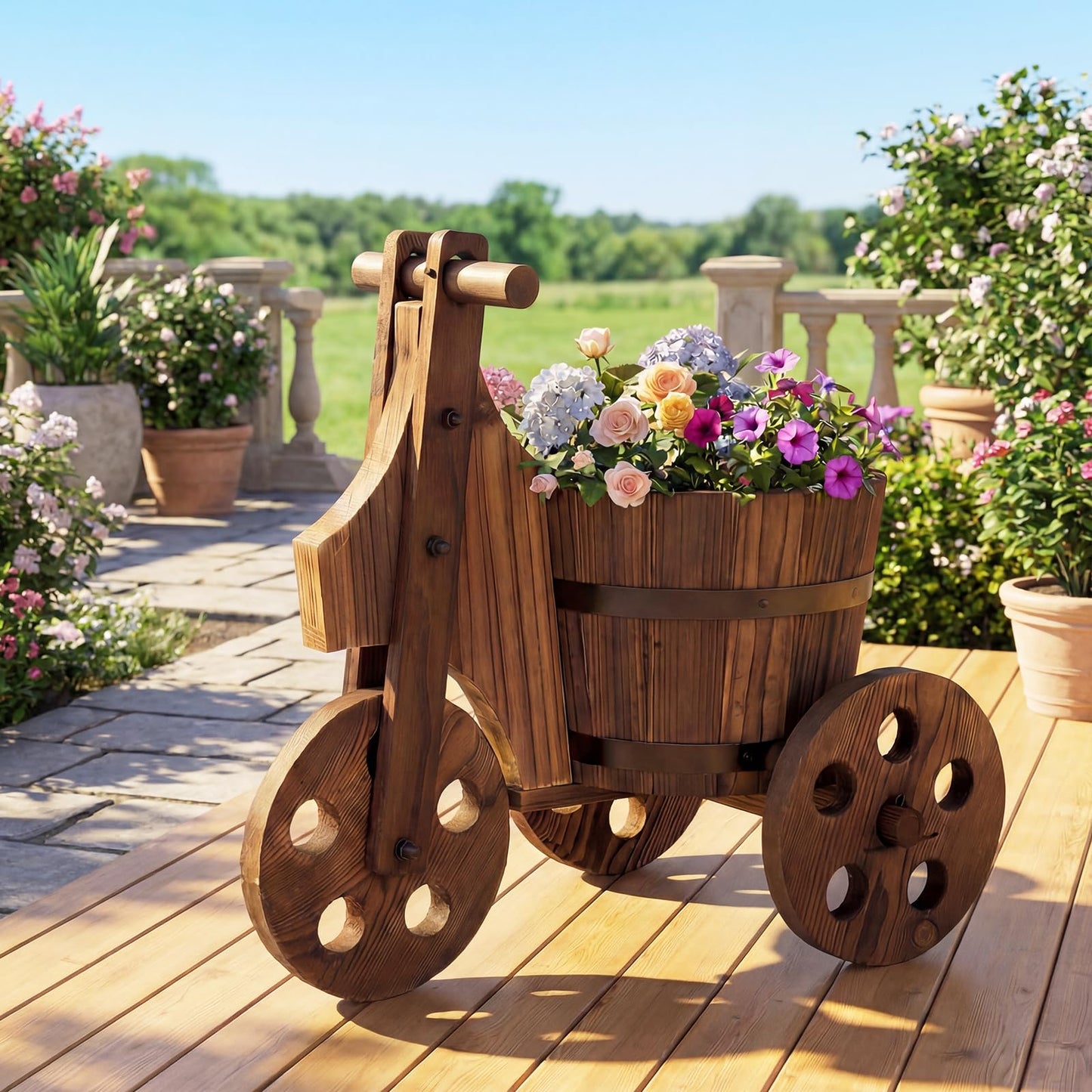HAPPYGRILL Wooden Wagon Planter, Rustic Wood Wheelbarrow Planter w/3 Wheels,Drainage Hole & Storage Box for Growing Vegetables Herbs, Indoor Outdoor Flower Pot Cart for Patio Balcony Garden Decor (1)