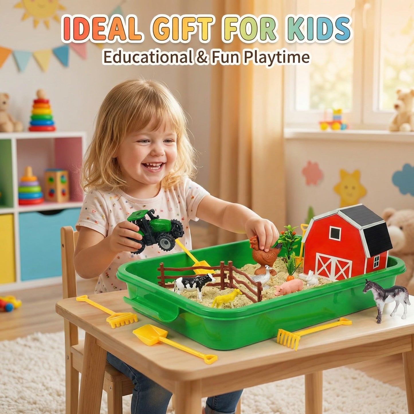 Carolart Farm Sensory Bin，Farm Animals Sand Kit with Sensory Sand，Barn Sandbox with Tractor，Sensory Play Sand Set for Kids 3 4 5 6 7