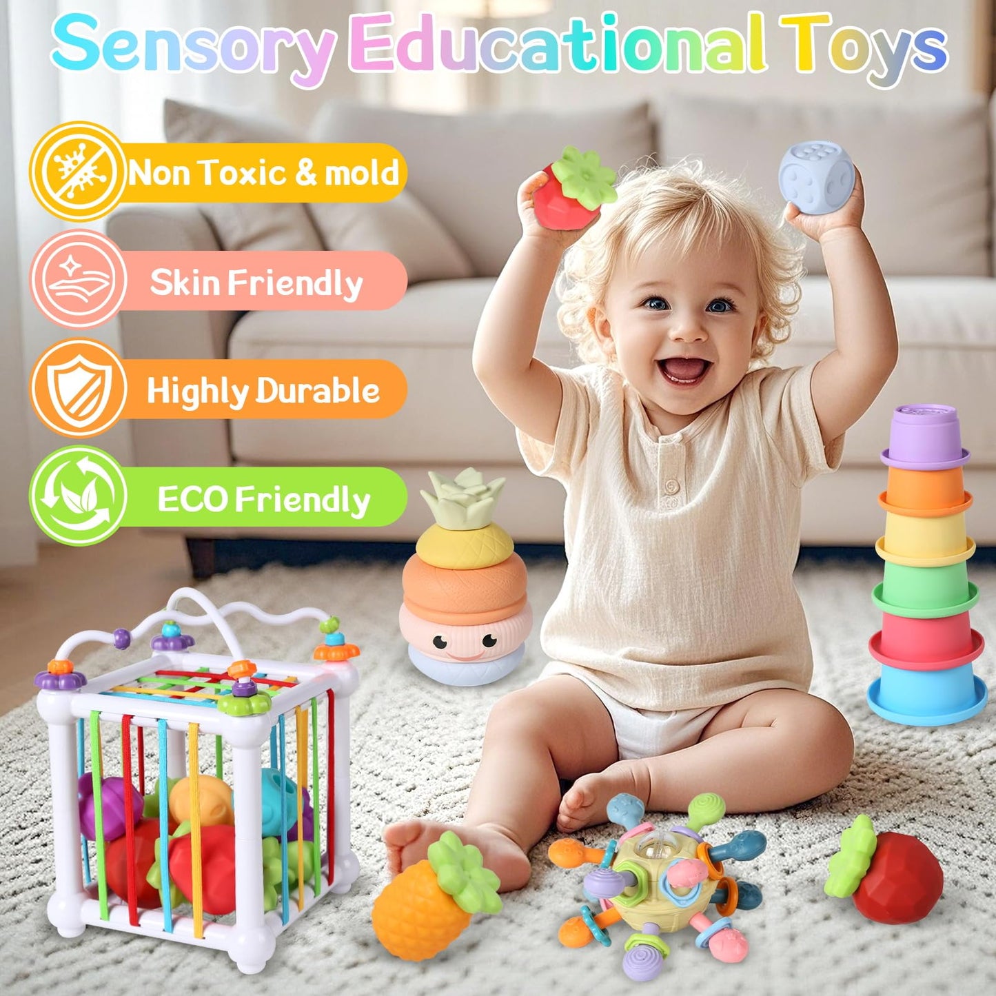 6-in-1 Montessori Baby Toys for 6-12-18 Months, Fun Infant Toys with Shape Sorter Sensory Bin, Stacking Rings, Bath Toys,Soft Fruit, Learning Developmental Toys Gifts for 1 2 3 Year Old Boys Girls