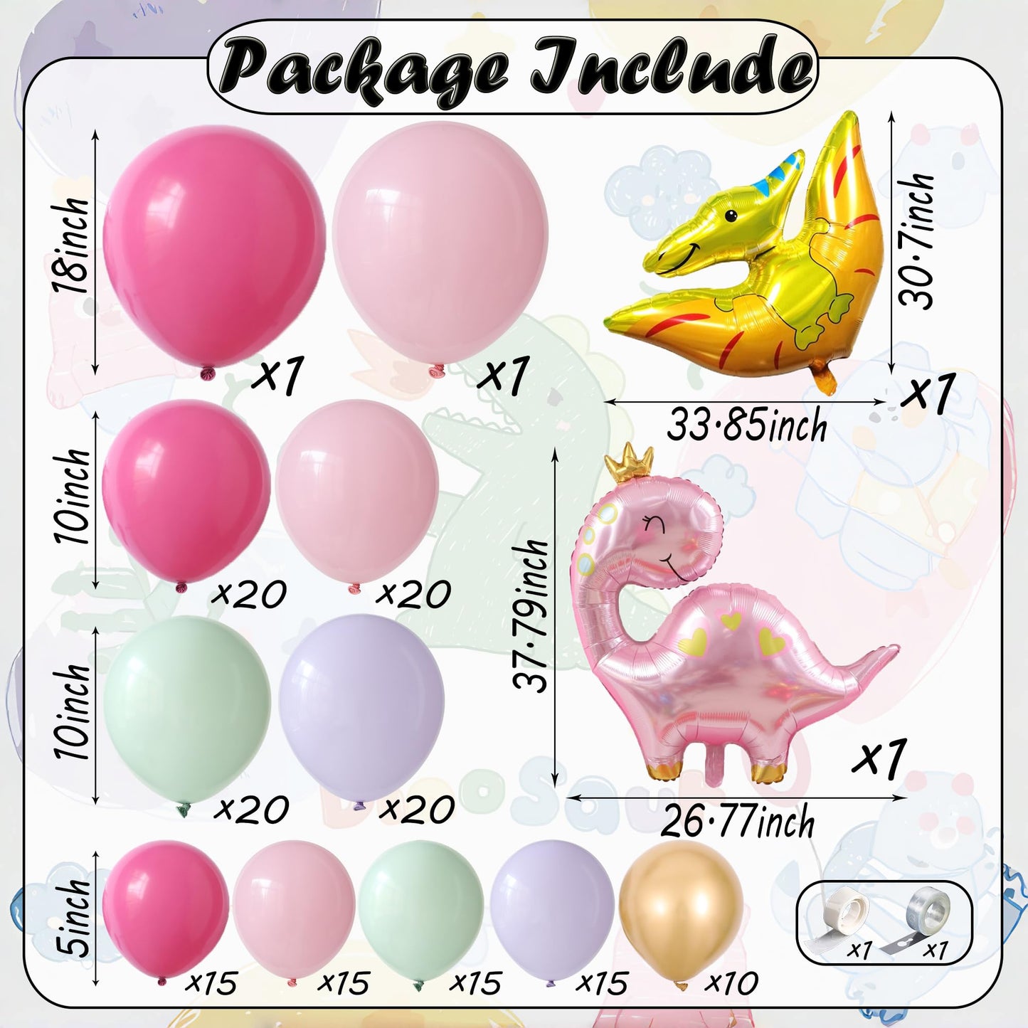 156Pcs Pink Dinosaur Balloon Garland Arch Kit, Pastel Pink Green Purple Metallic Gold Balloons, Large Dinosaur Foil Balloons for Girl Dino theme Birthday Party Jungle Baby Shower Decorations