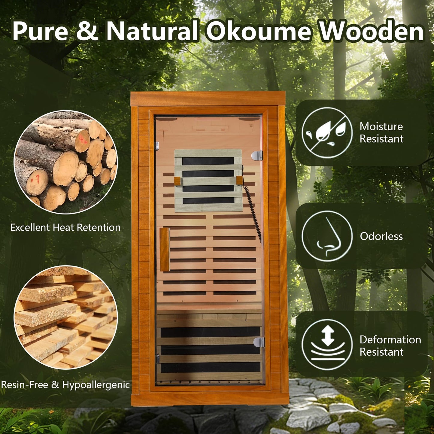 mikibama Infrared Sauna for Home, 1 Person Home Sauna with Red Light Therapy, Wooden Dry Saunas Room with 7 Carbon Heaters, 1170 W/115V, LCD Control Pannel for Home Spa