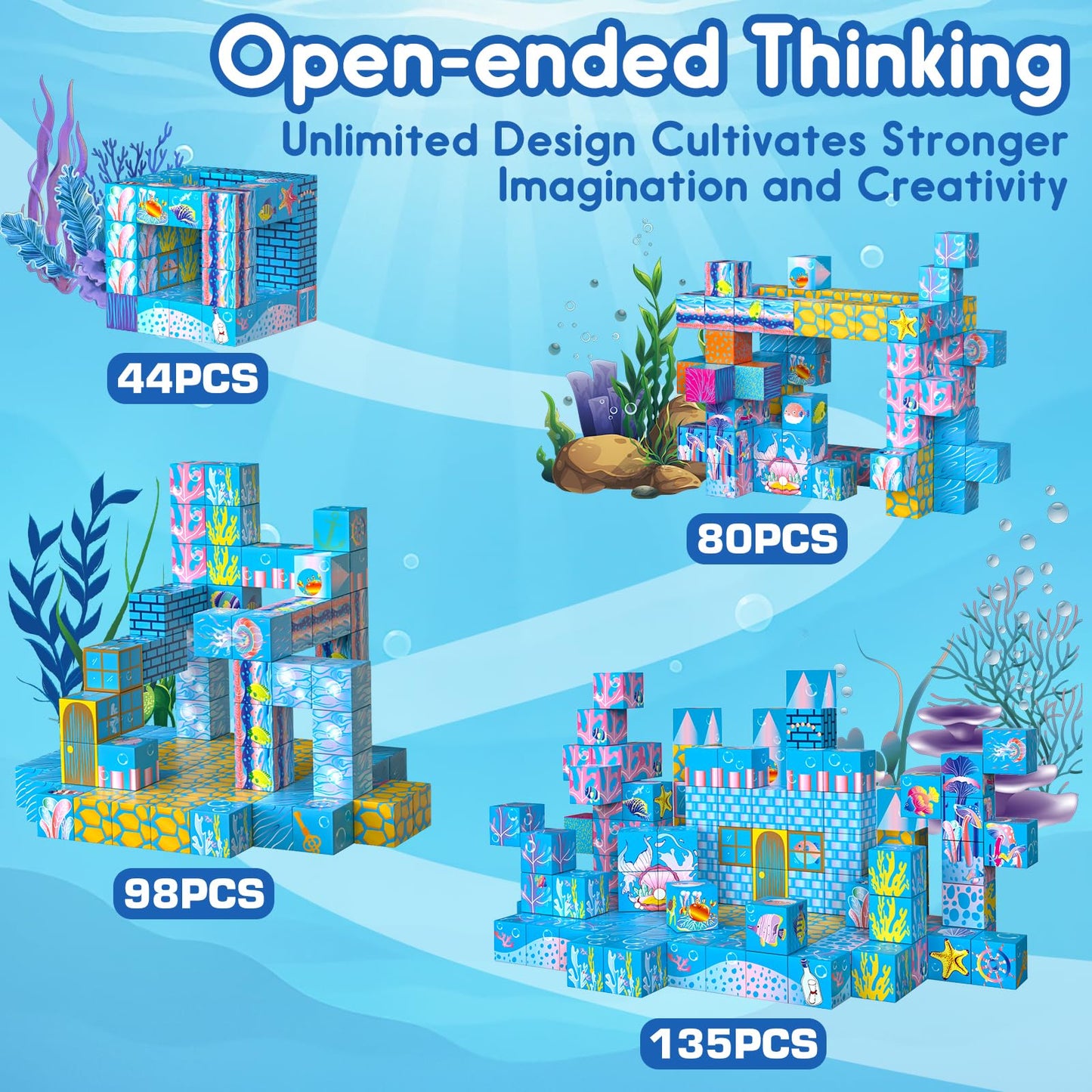 Chodia Magnetic Building Blocks-135 PCS Growing Ocean Magnet Cubes Tiles with USB Light Panel,STEM Sensory Construction Toys Set Christmas Birthday Gifts for Kids Boys Girls Toddlers Ages 3+,4-8,6-8