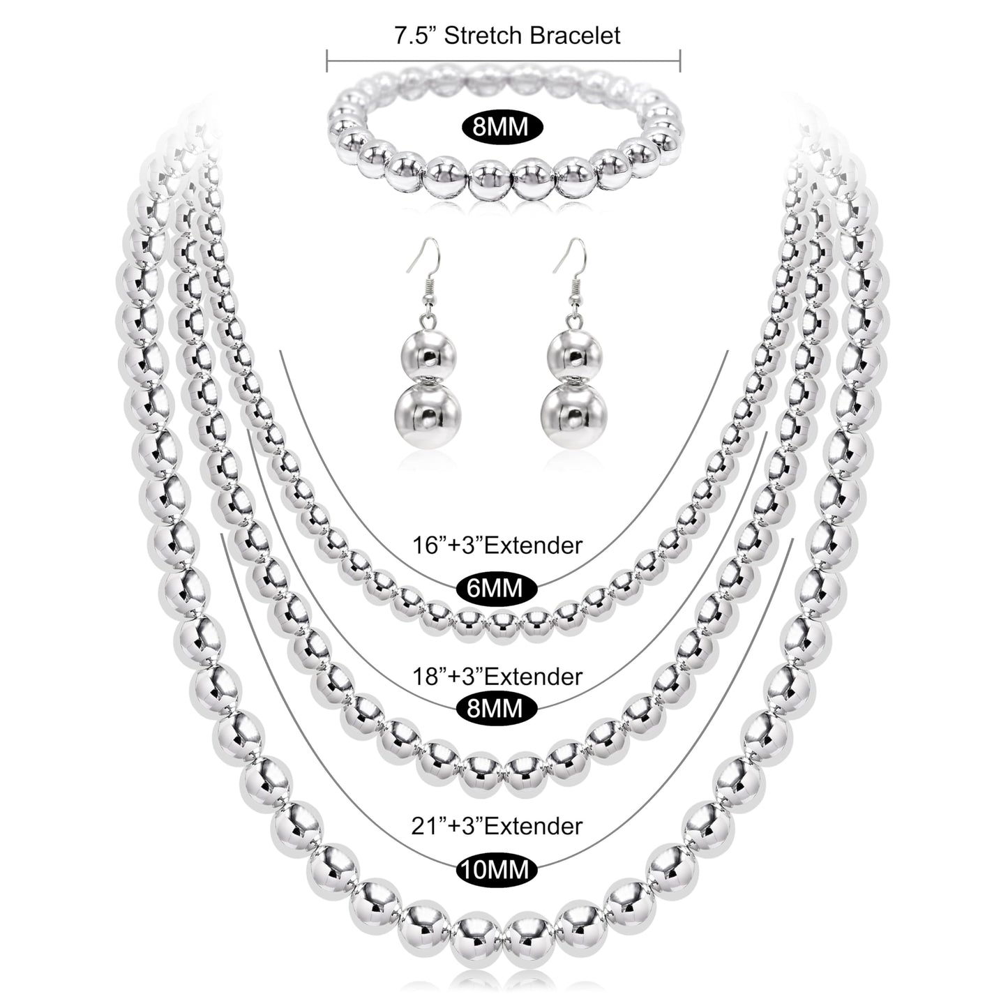 Cryshimmer Silver Bead Necklaces Earring Bracelet for Women Silver Plated Chunky Beads Strand Layered Necklace Costume Jewelry Set(16"/18"/21")