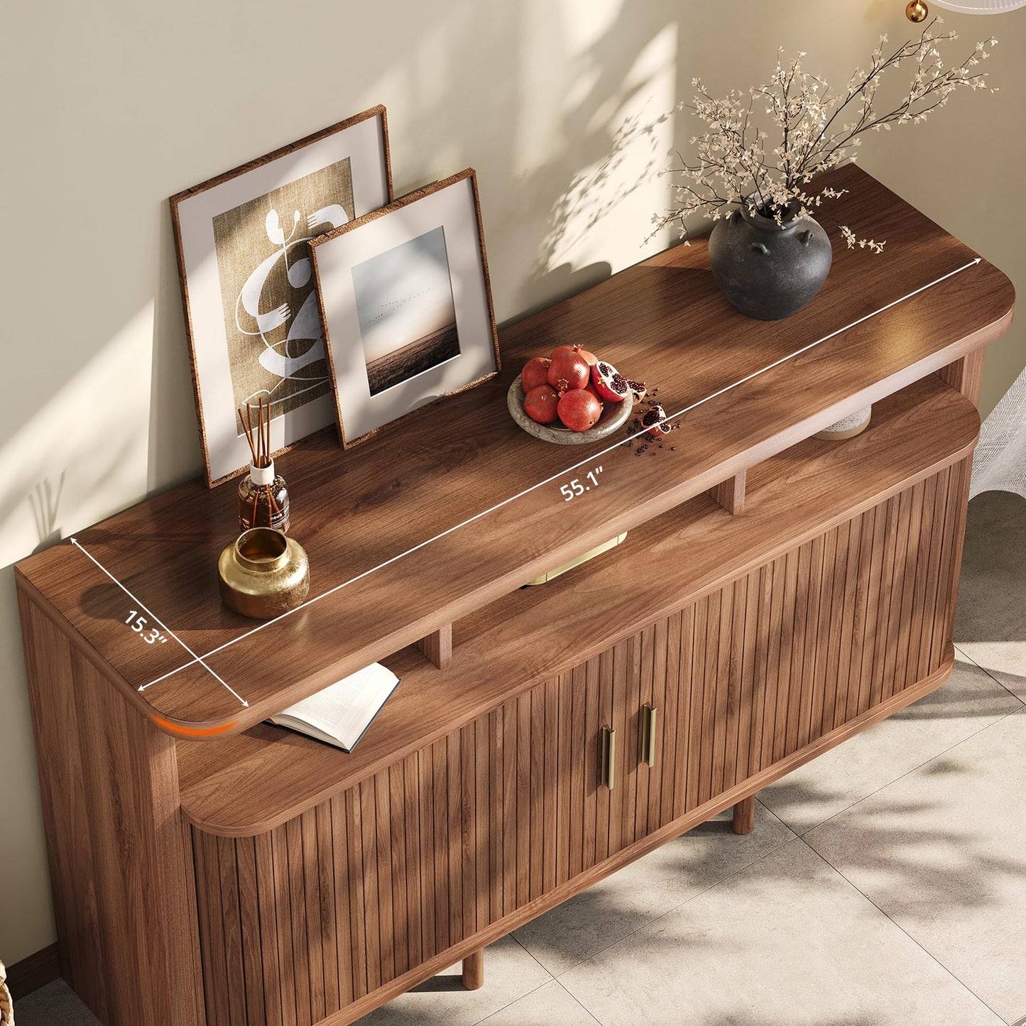 IRONCK 55" Sideboard Buffet Cabinet with Storage, Fluted Credenza with Sliding Door & Open Shelf, Mid Century Modern Accent Coffee Bar Console Table for Kitchen, Living Room, Entryway, Walnut