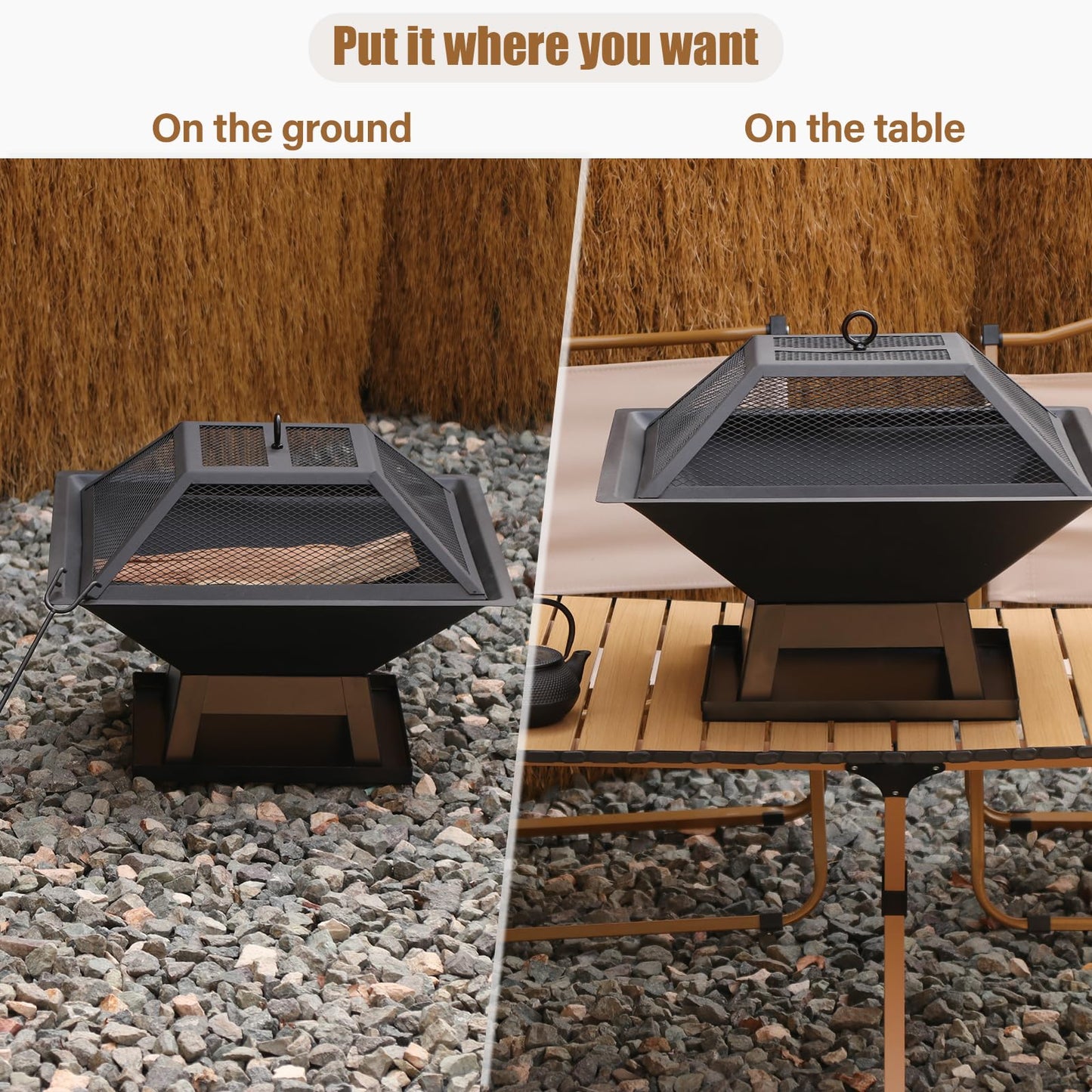 Quilushey 19.8inch Portable Small Fire Pit with a Removable Ash Pan, Fire Poker, Mesh Lid, 2 in 1 Square Outdoor Fireplace for BBQ, Outside Heating, Bonfire Party, Camping, Backyard, Patio, RV Trip