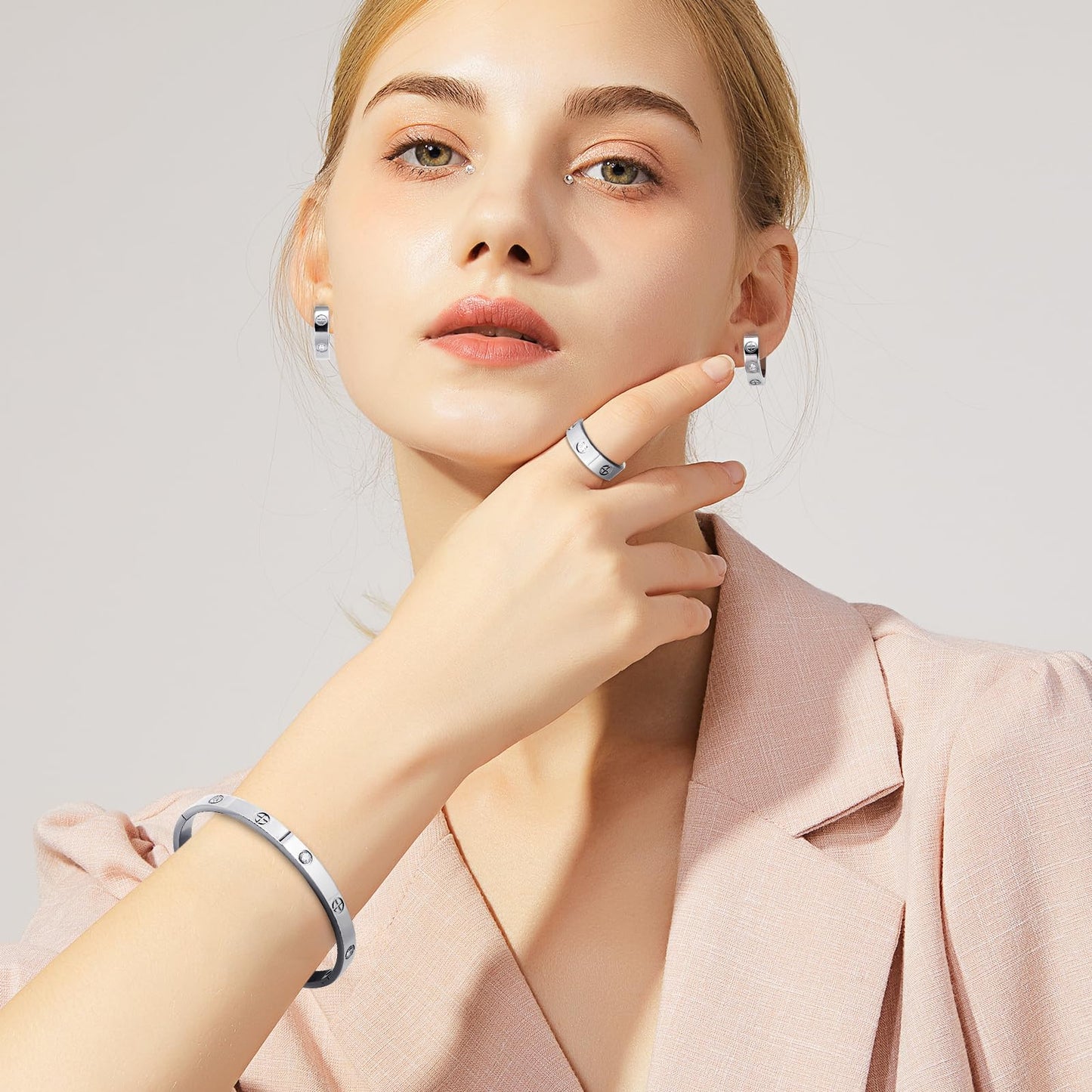3 Pcs Hoop Earrings Bracelets Ring Sets for Women-Silver Love Bracelet CZ Cuff Bangle Hoop Earrings Friendship Love Ring Jewelry Set,Wedding Party Christmas Valentine's Day Birthday Gifts for Her