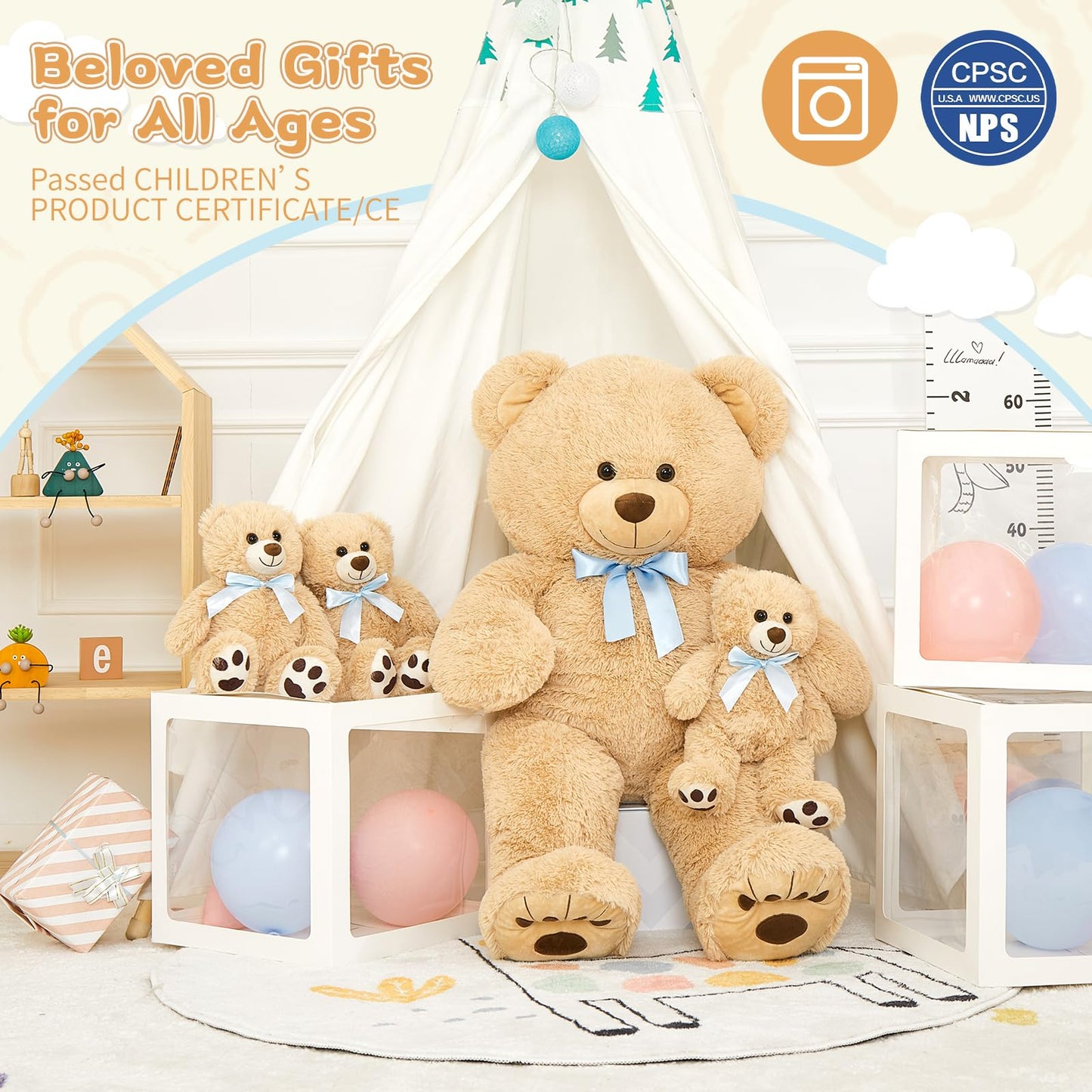 MorisMos Giant Teddy Bear Stuffed Animal with Baby Bears,35.4'' Big Mommy Stuffed Bear,3 Small Bulk Teddy Bear Stuffed Animals for Baby Shower Birthday, 4-Pack Brown Bear Toys for Kids Mom Girlfriends
