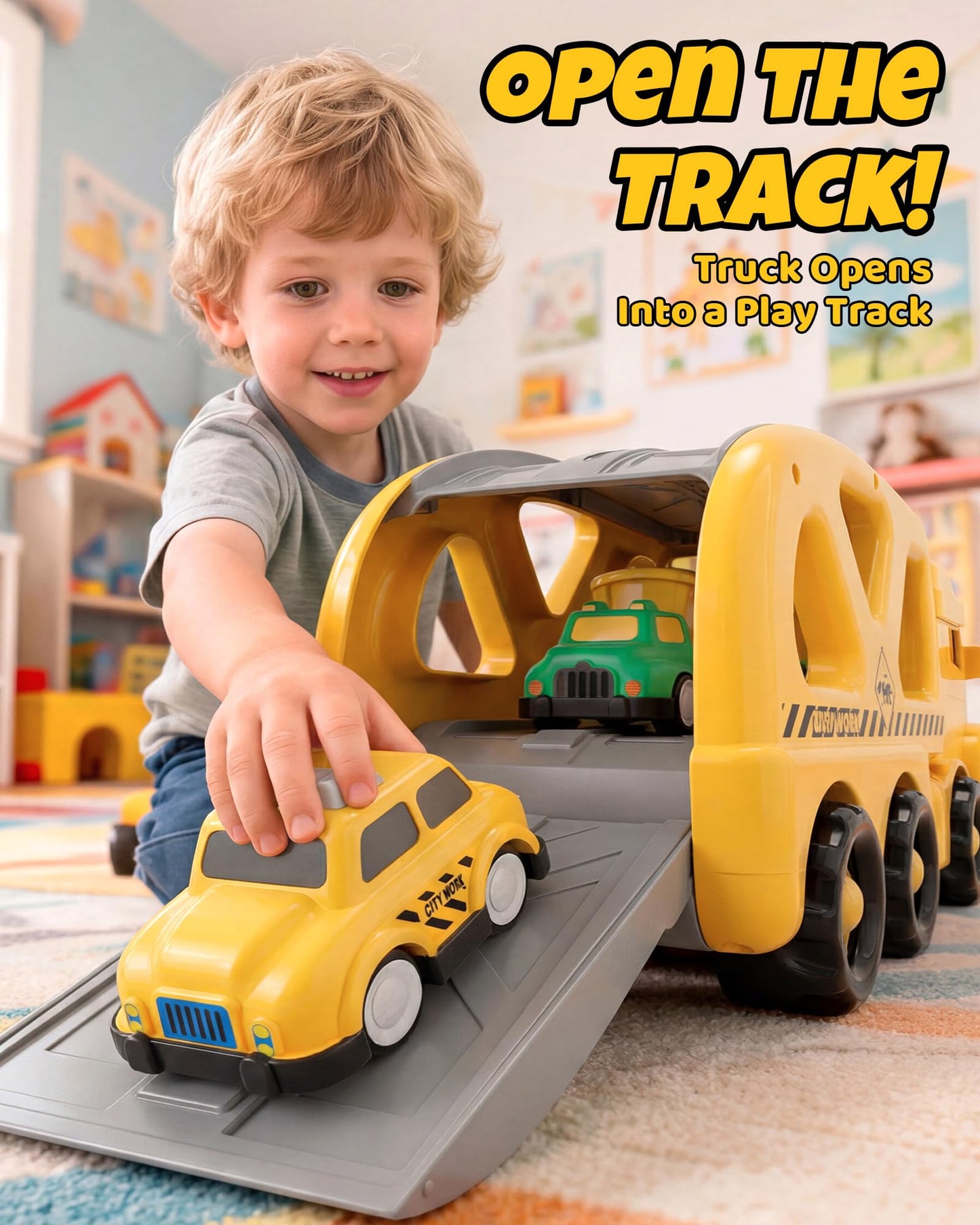 LADFAR Construction Truck Toys for Boys & Girls Ages 3+, 7-in-1 Toy Carrier Truck with 6 Mini Pull Back Vehicles, Lights & Sounds Transportation Playset, Early Learning Birthday Gift for Toddlers Kids