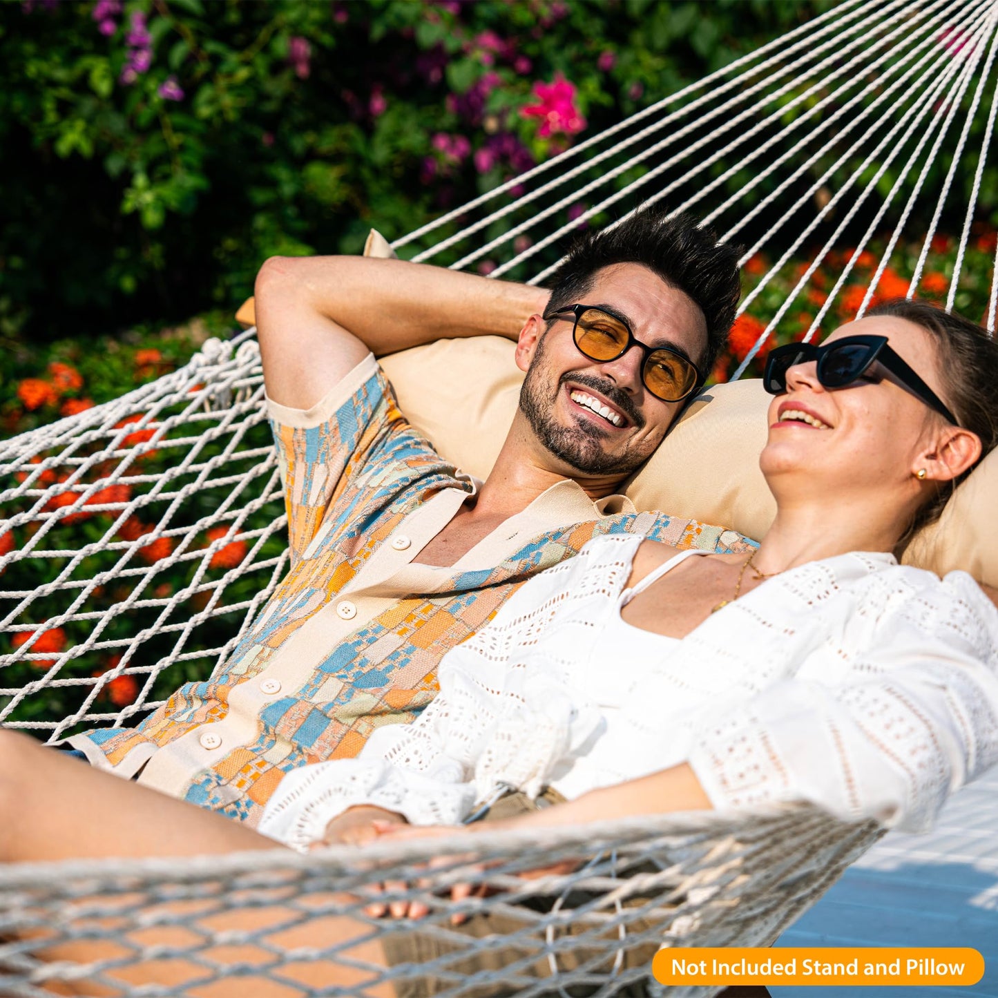 Lazy Daze Hammocks 12FT Double Rope Hammocks, 2 Person Hand Woven Cotton Hammock with Spreader Bar for Outside, Patio, Poolside, FIT 13-15 FT Stand, Max 450 Lbs, Natural, 141 x 57 inches