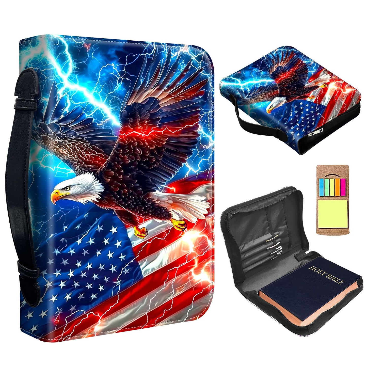ETLKJVBL Leather Bible Cover for Women & Men, American Flag Eagle Fits Most Standard & Large Bibles - Premium Church, Travel, Gift Bible Case with Zipper Closure & Handles