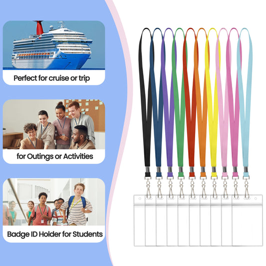 30 Pcs Lanyards for ID Badges, Clear Lanyards for Cruise Ship Cards, Waterproof Lanyard Card Holder for Carnival Sail, Vertical Nametag Holder (Rainbow, 10 Colors)