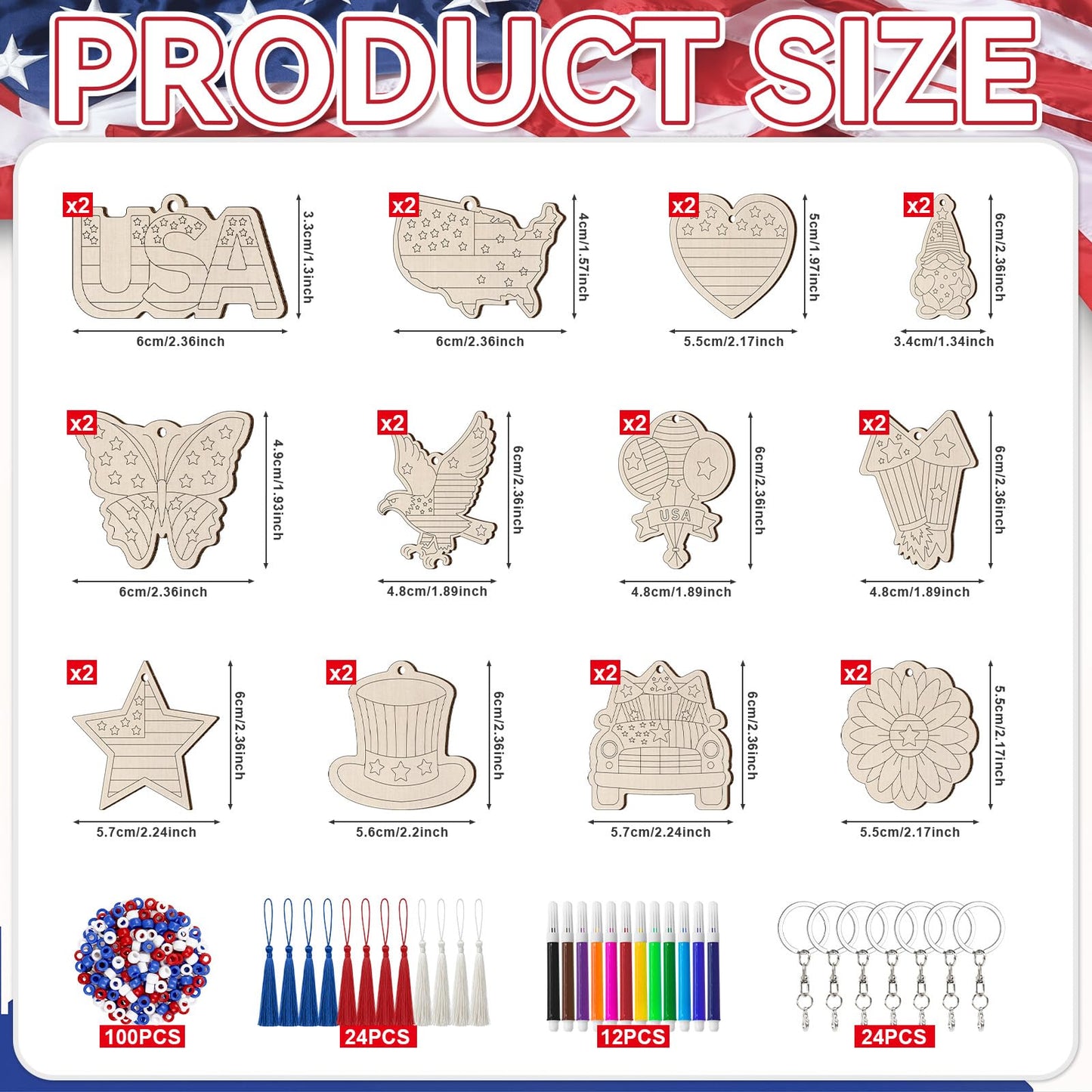 Cinrobiye 24 Set Patriotic Crafts Kits DIY Art and Craft Kit Bulk 4th of July Wooden Paint Keychains Gifts for Home School Art Project Activitiy 250th Anniversary Memorial Day Independence Day Decors