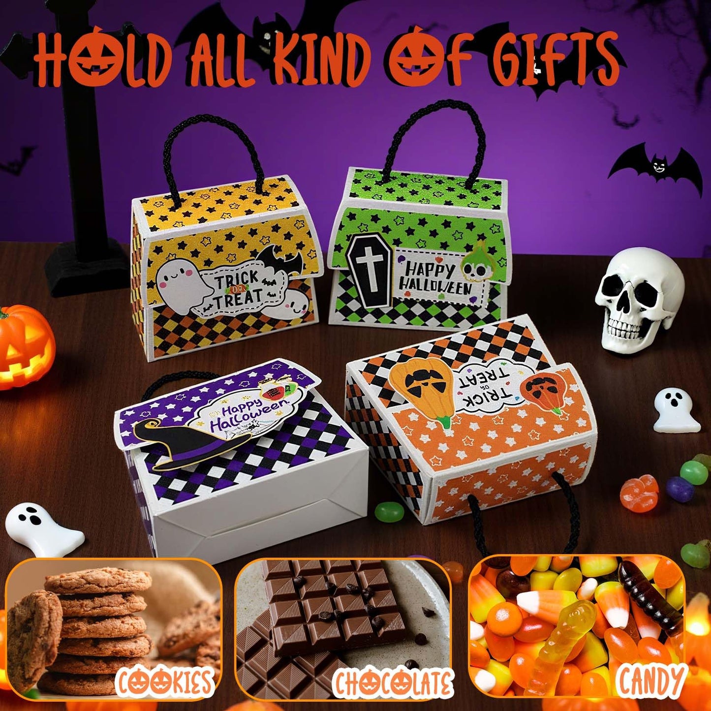 Halloween Treat Boxes with Handles, 4 Pack Trick or Treat Candy Bags for Kids, Pumpkin Ghost Witch Party Favor Gift Boxes for Halloween Party Supplies(20pcs)