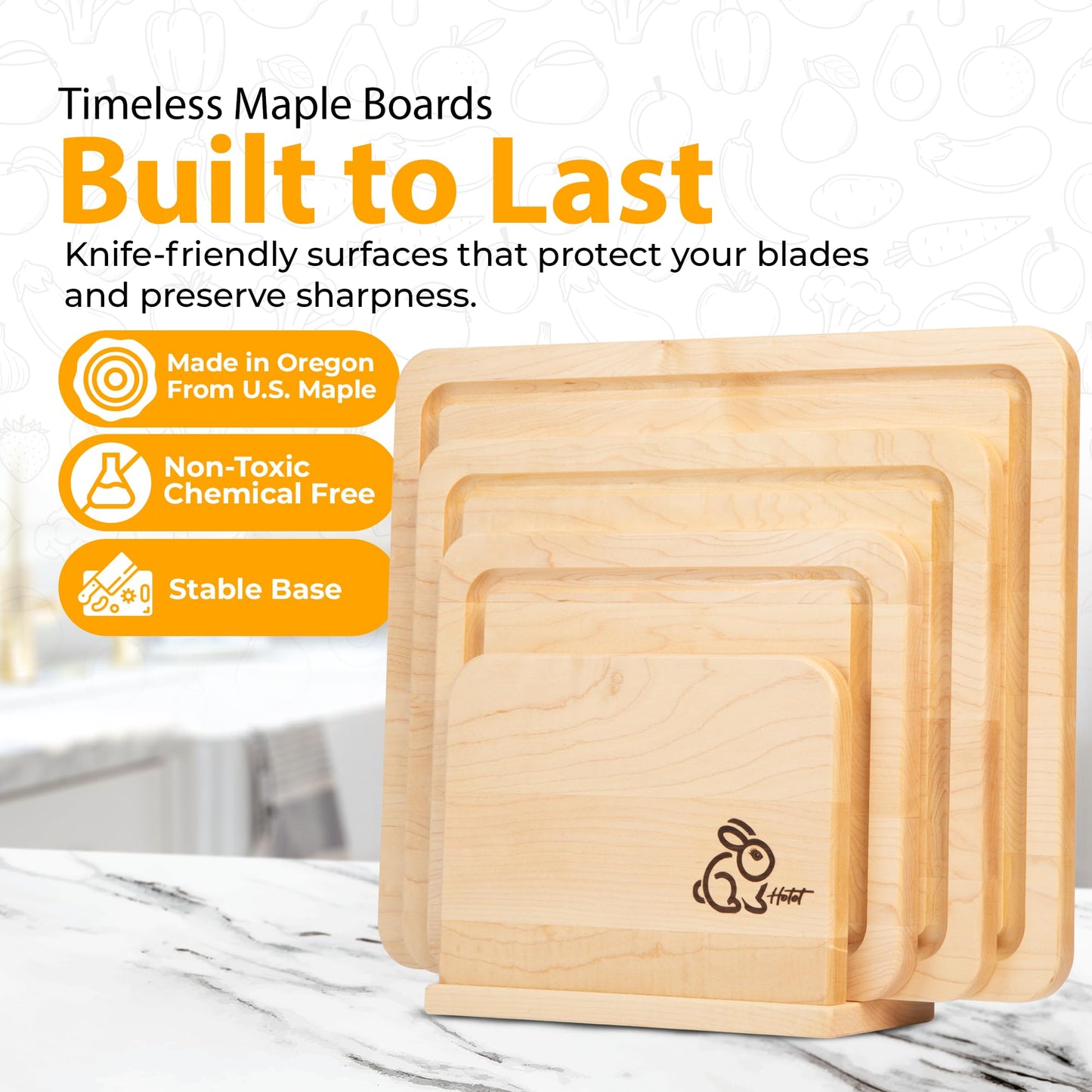 Hotot Home - HOMESTEAD 4 Piece Hardwood Maple Wood Cutting Board Set with Holder - Made in USA