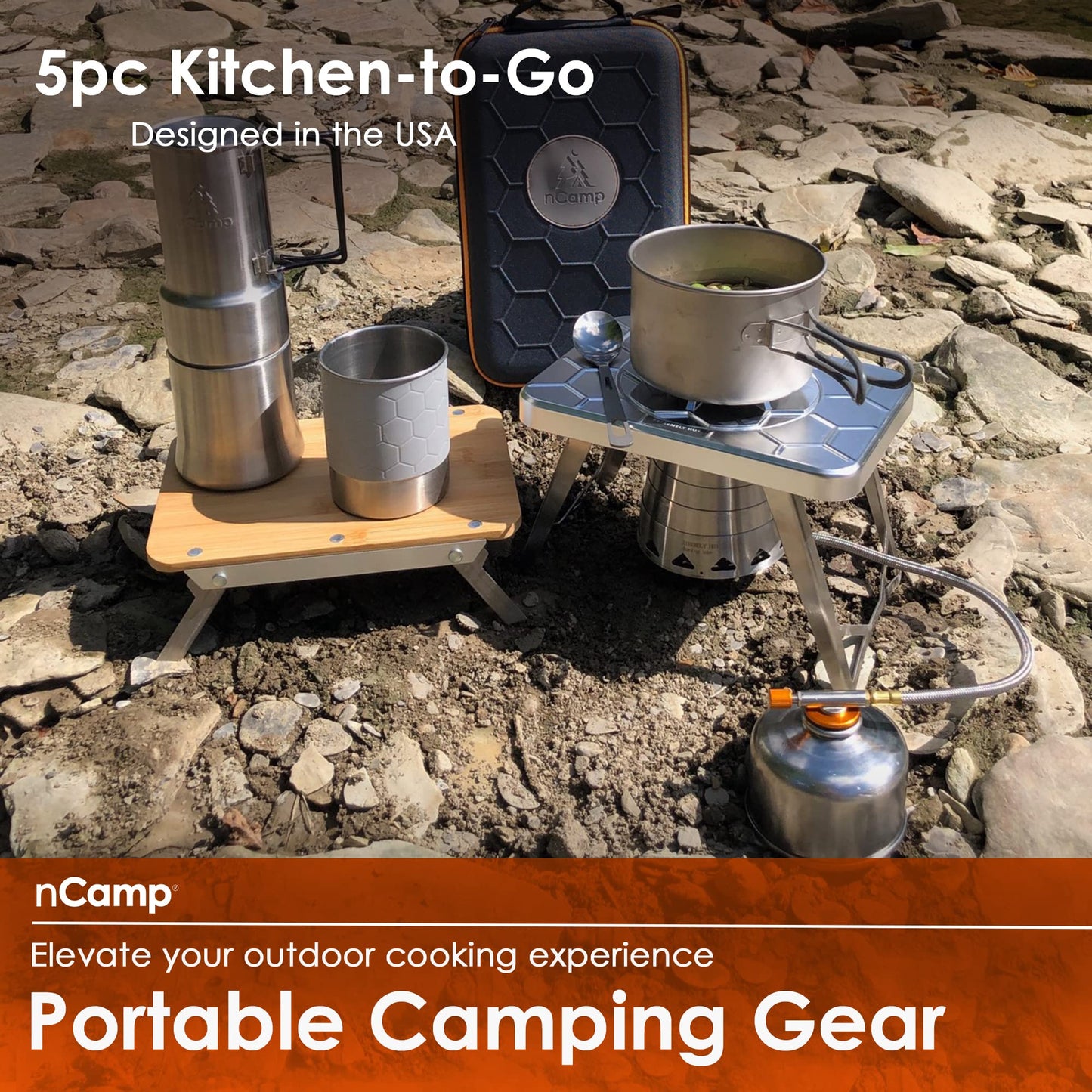 nCamp Kitchen to Go 5 Piece Bundle, Portable Compact Multi-Fuel Burning Camping Stove, ISO Propane Adapter, Elevated Bamboo Cutting Board Prep Surface, Cafe Coffee Maker, Carrying Bag, For Camping