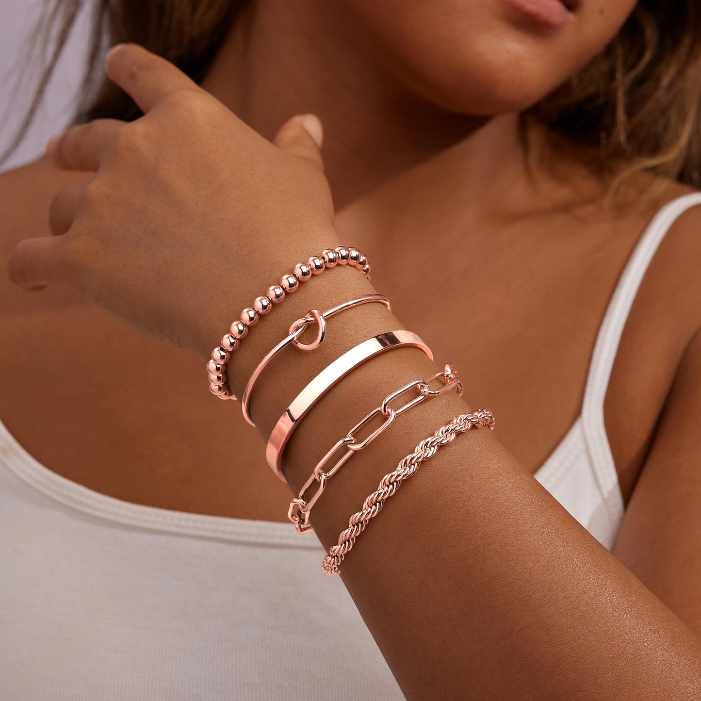 Gokeey Rose Gold Cuff Bracelets for Women,Dainty Rose Gold Bangles Bracelets Set for Women, Paperclip Link Chain Rope Beaded Tie Knot Bracelets Stack Chunky Jewelry