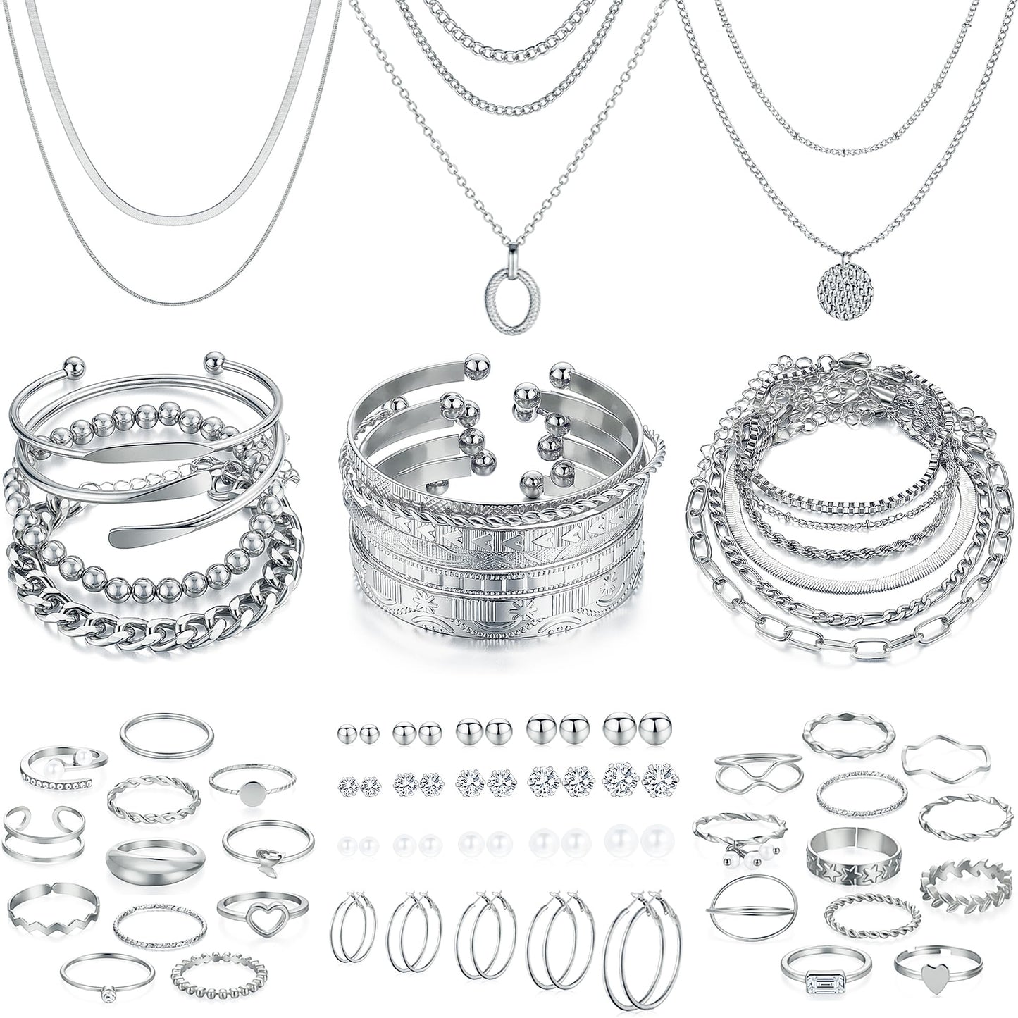 FAXHION 68 Pcs Gold Jewelry Set for Women with 7 Necklace, 17 Bracelet, 5 Hoop Earrings, 15 Stud Earrings, 24 Knuckle Rings for Women Jewelry Set for Women