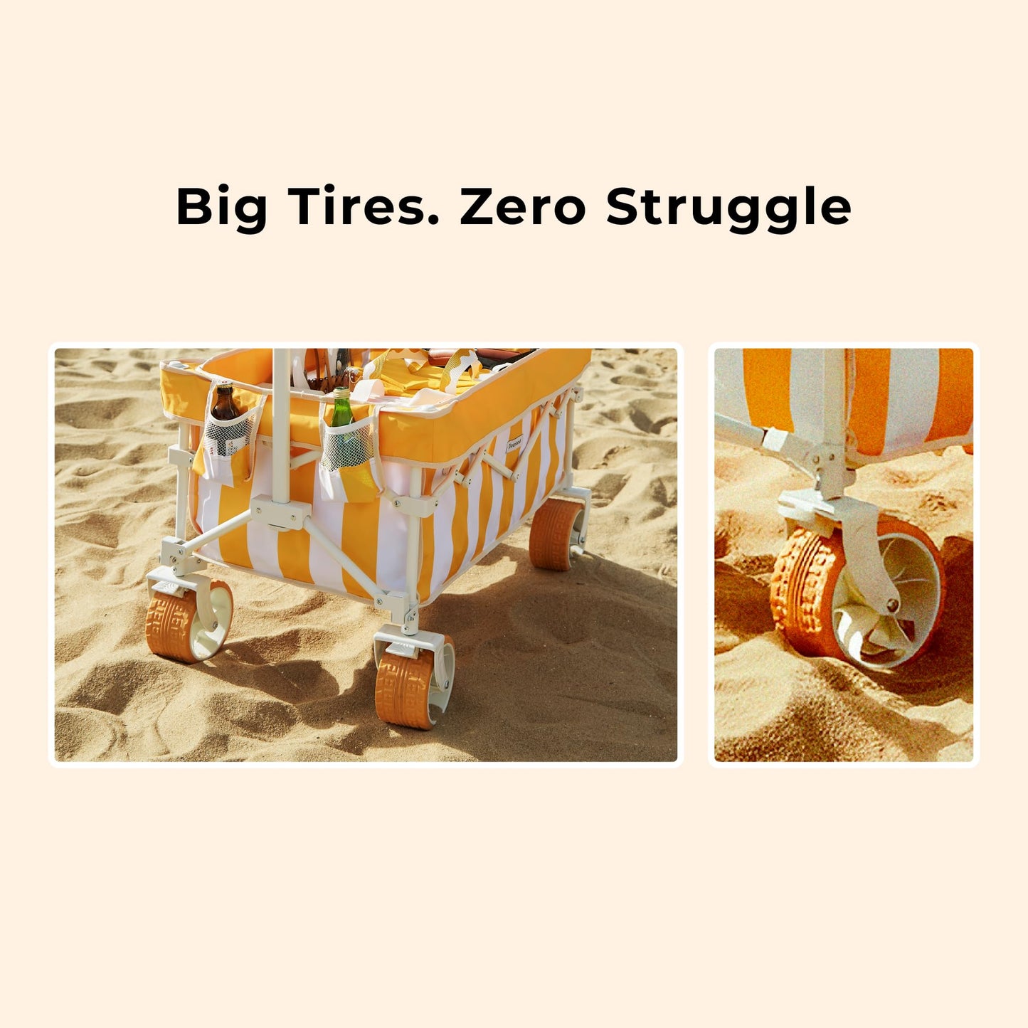 DEER LAND Beach Wagon for Sand with 6.7" Fat Tires, Foldable Beach Cart for Beach & Camping, Large Capacity Easy-Pull Wagon, Cala Serena Ochre Stripe