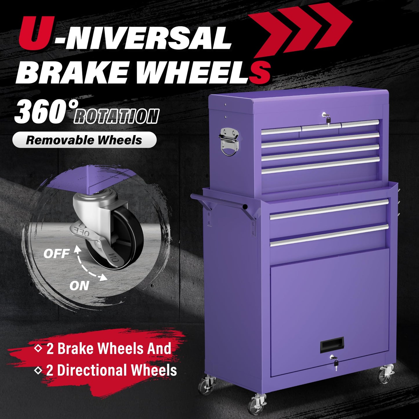 Greenvelly Metal Tool Chest,8-Drawer Rolling Tool Chest with Wheels,Tool Cabinet with Wheels,2 in 1 Detachable Tool Cabinet,Liners and Locking System for Warehouse, Garage,Workshop(Purple)