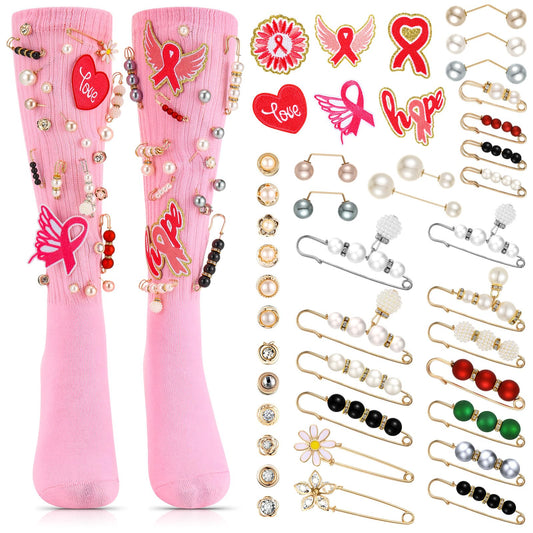 43 Pcs DIY Breast Cancer Socks Charms 2026 Pink Out Day Safety Pin Brooch DIY Kit Pink Ribbon Sock Charms for Women Breast Cancer Awareness Accessories Shoes Pin Brooch for Fundraising Charity Event