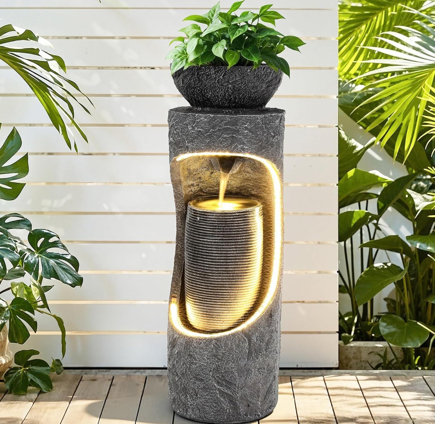 Ultym 40" Tall Outdoor Water Fountain, Dual-Layer Column Garden Fountain with Bird Feeder, Resin Soothing Cascading Waterfall Foutain for Patio, Backyard, Garden or Porch Decor