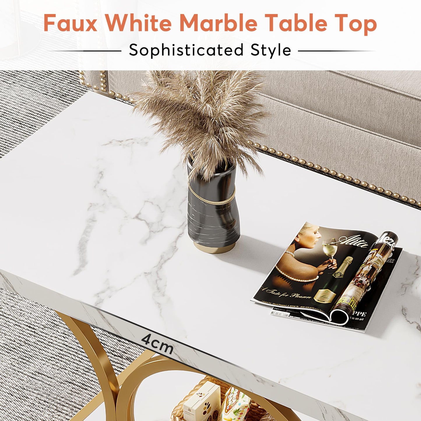 Tribesigns 46.45” Rectangle Coffee Table, Modern Coffee Tables for Living Room, 2-Tier Faux Marble Wood Coffee Table with Geometric Legs, Furniture with Storage Shelf (White & Gold)