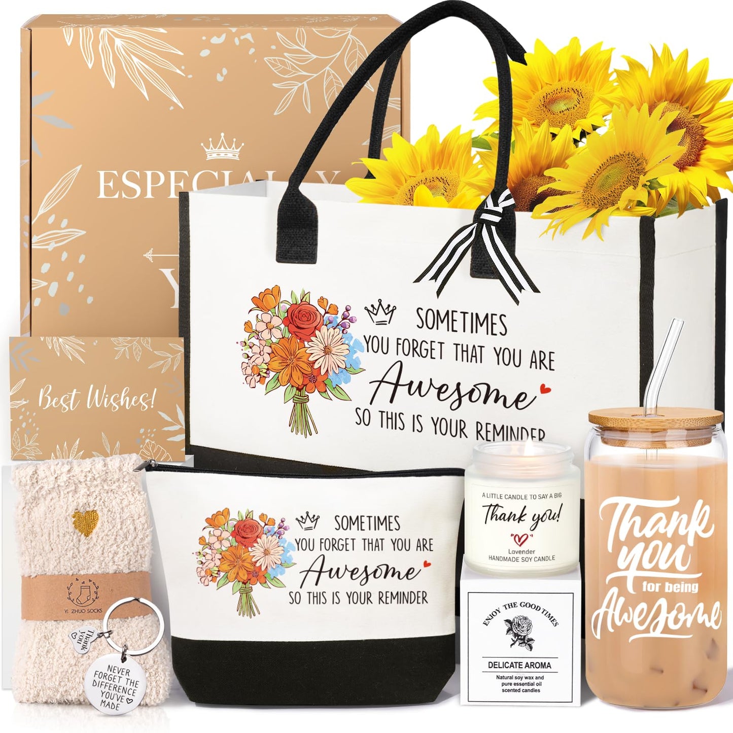 iAOVUEBY Thank You Gifts for Women, Employee Appreciation Gifts for Coworkers Teacher Nurse Boss Mom Farewell Retirement Thank You Gift Box, Canvas Tote Bag Tumbler Gratitude Gift Baskets