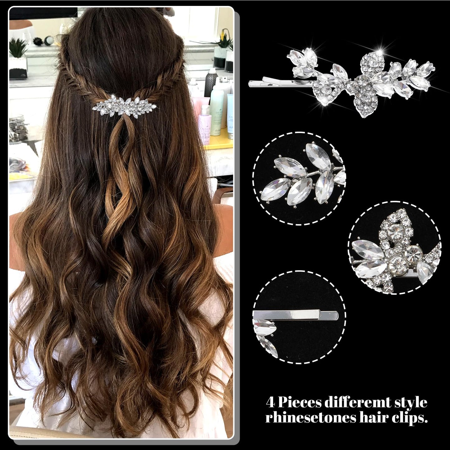 4 Pcs Rhinestone Hair Clips Silver Hair Clips Wedding Bridal Barrettes Crystal Bobby Pins Brides Jewelry Leaf Wedding Hairpins Elegant Accessories for Brides Bridesmaids Flower Girls