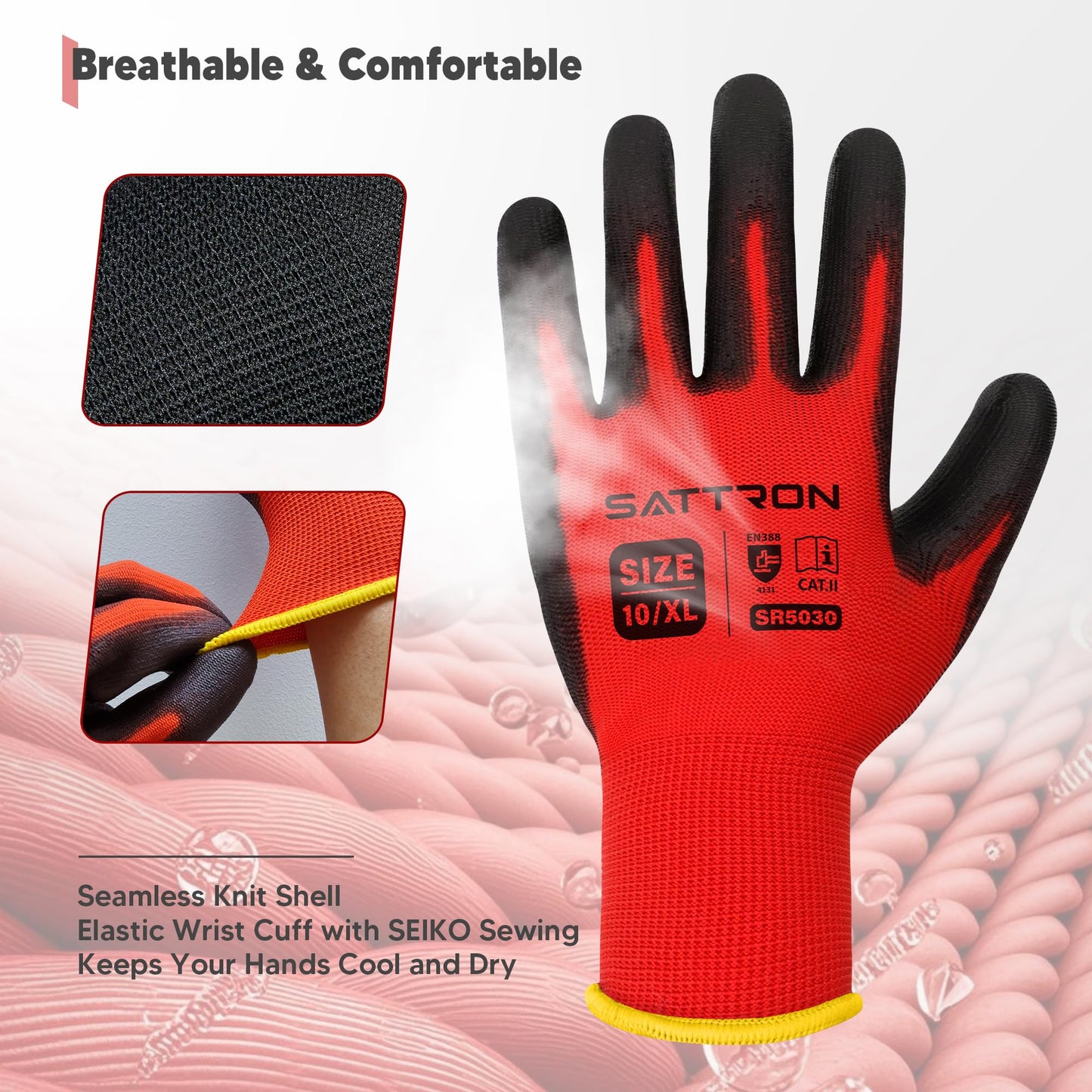 SATTRON Safety Work Gloves PU Coated, 12 Pairs Seamless Knit Gloves with Polyurethane Coating Working Gloves Excellent Grip for Men & Women, Breathable, Ideal for General Duty Work DIY (Red, X-Large)