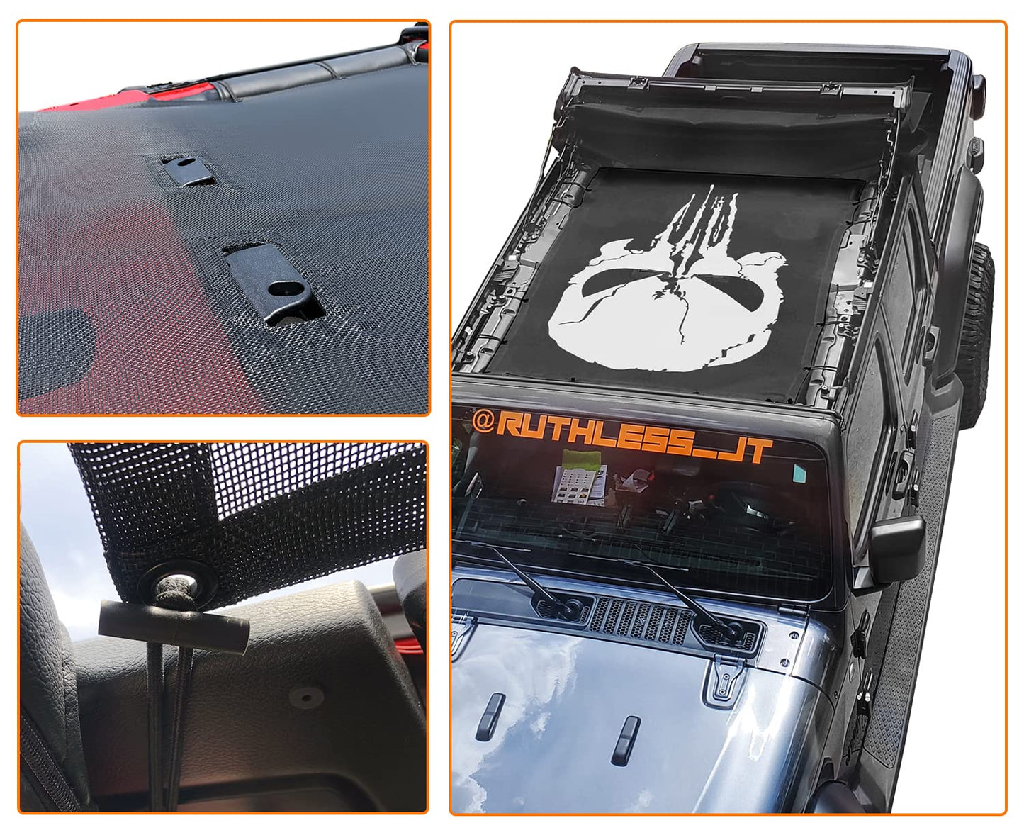Shadeidea JT Sun Shade Top Compatible with Jeep Gladiator Top Sunshade - Mesh Screen Roof Cover (2018-2023), Wind Noise UV Blocker -10 Year Warranty - Punisher - Front&Rear