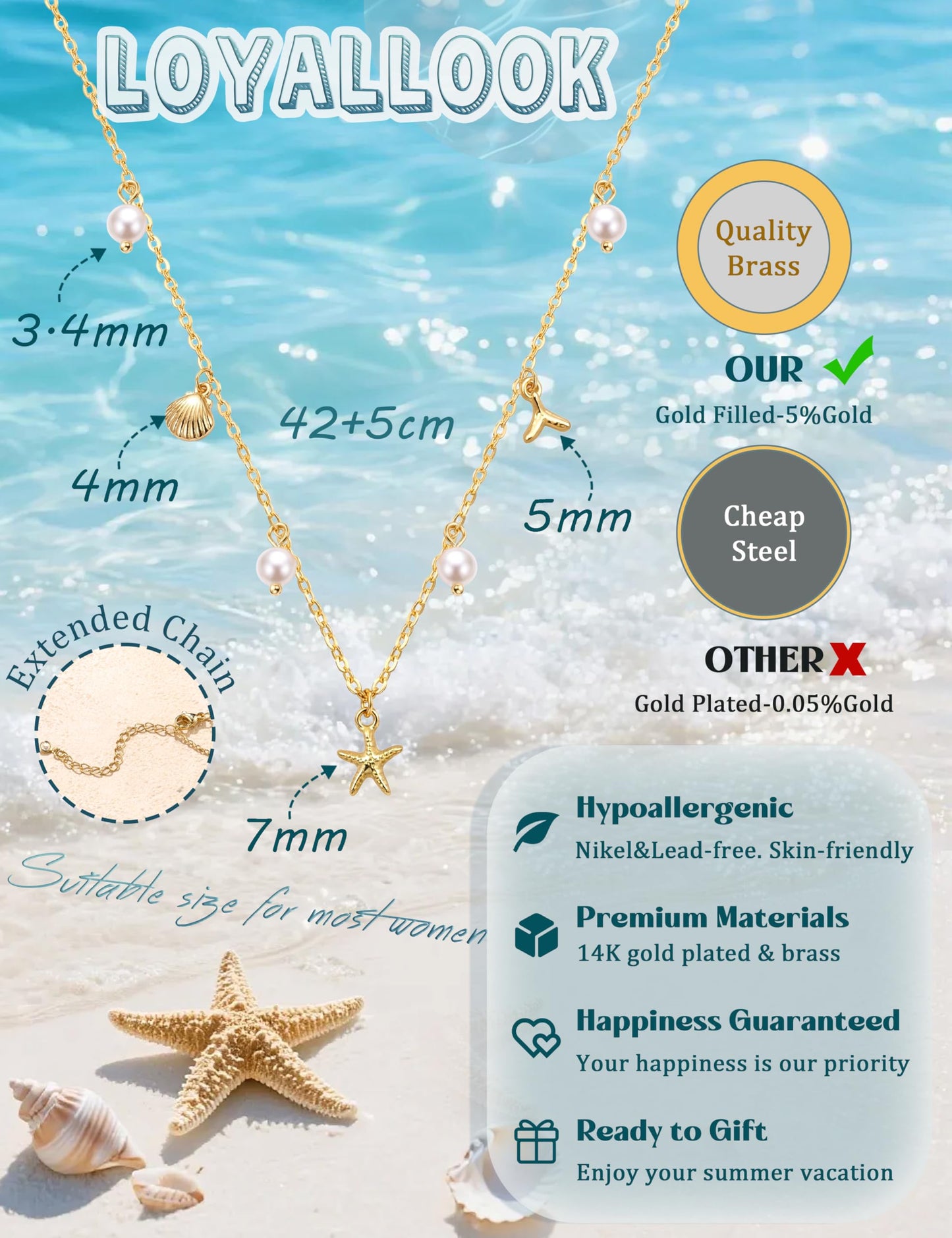 LOYALLOOK Shell Starfish Necklace for Women, 14k Gold Plated Dainty Pearl Starfish Mermaid Tail Charm Necklace Stack, Non Tarnish Waterproof Gold Beach Accessories for Summer Vacation