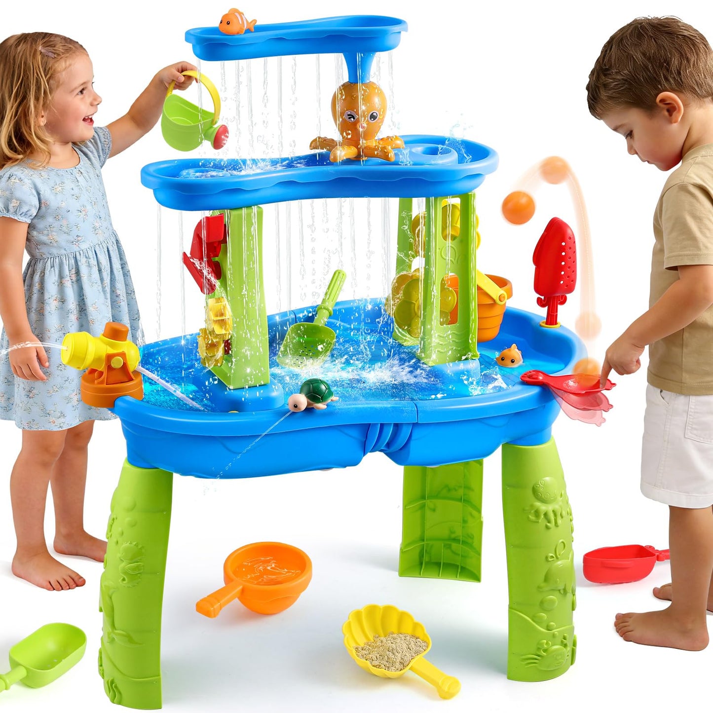 FRUSE Kids Water Table for Toddlers 3-5,3-Tier Splashing Sand Water Table Toys with Accessories,Activity Sensory Play Table for Backyard Beach Grass,Summer Outdoor Toy for Boys Girls Age 3 4 5 6 7 8