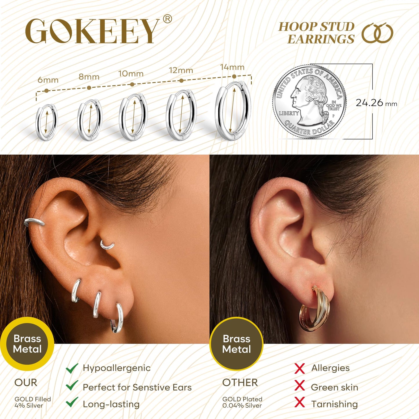 Gokeey 316L Surgical Stainless Steel Silver Huggie Hoop Earrings 6mm 8mm 10mm 11mm 12mm 14mm, Hypoallergenic Earrings Silver Hoops Cartilage Helix Lobes Hinged Sleeper Earrings For Men Women
