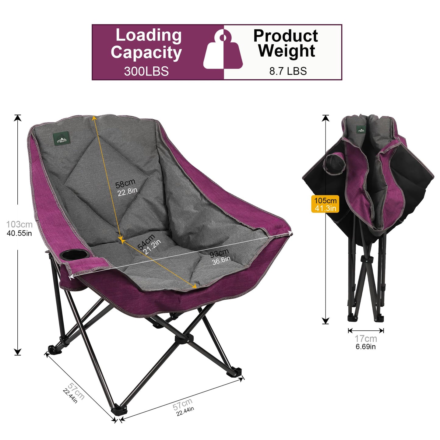 Northroad Oversized Foldable Camping Chair, Outdoor Padded Lawn Chair w/Cup Holder,Carry Bag for Beach, Hiking, and Picnics,Heavy-Duty 300-lbs Capacity, Purple