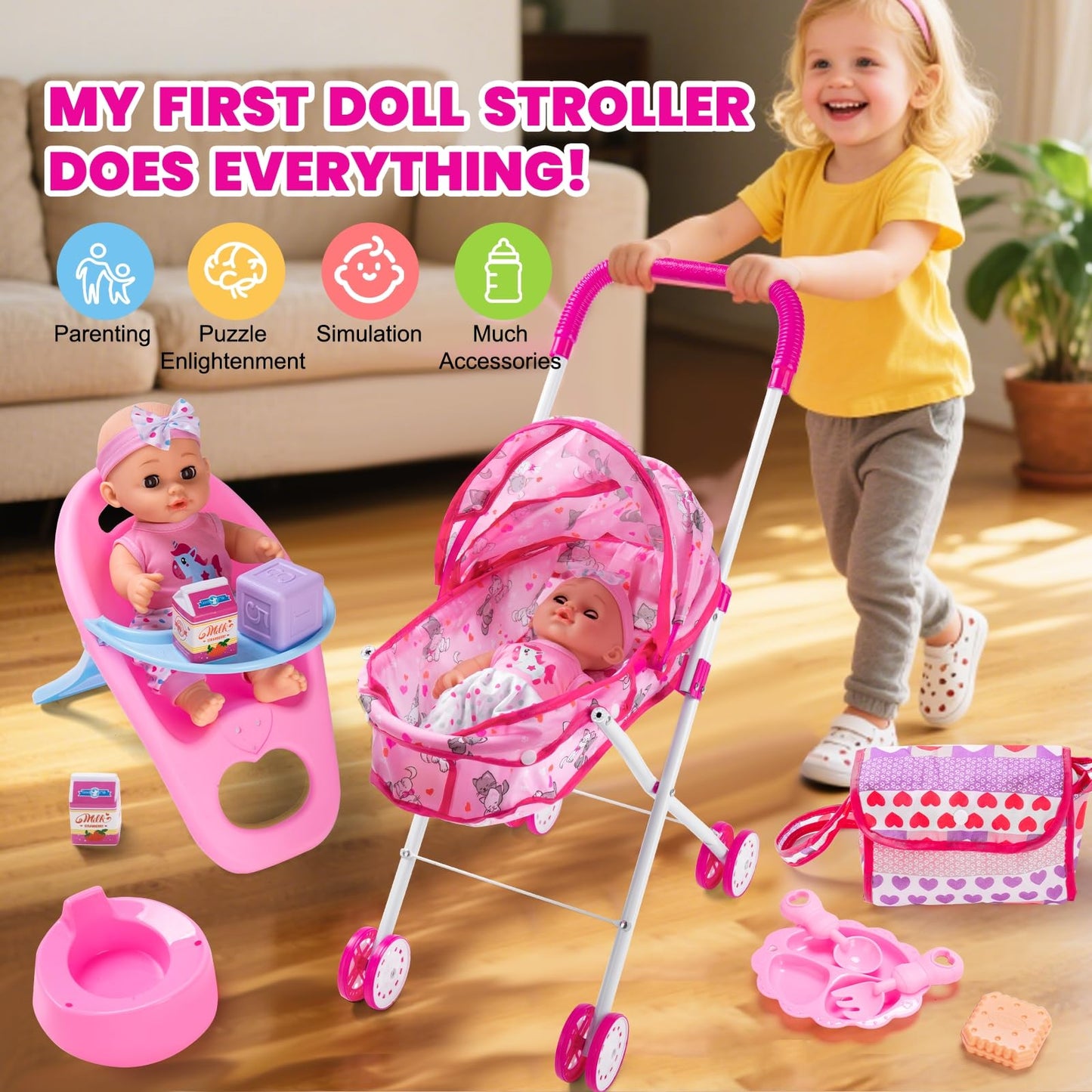 gerleek Baby Doll Stroller Play Set with 12.5" Baby Dolls, 28 Pcs Pretend Role Play Doll Accessories Including Crib, Dining Chair, Doll Clothes, Sunglass, Handbag for Girls Toddlers 3-5 4-6 5-7